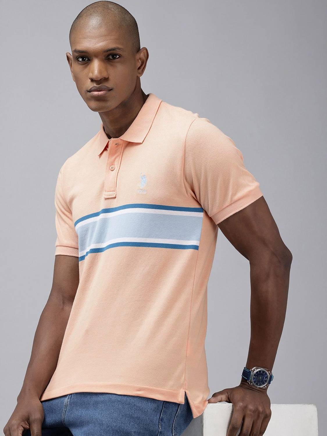 U.S. POLO ASSN. Men Solid Polo Neck Pure Cotton Orange T-Shirt