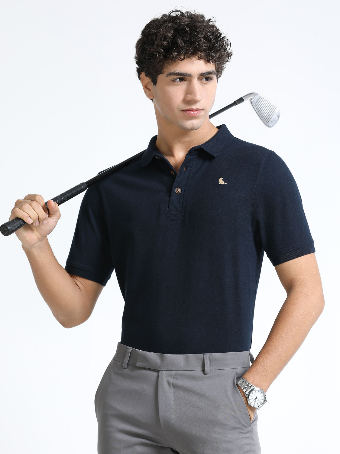 Image of estuna Solid Men Polo Neck Navy Blue T-Shirt