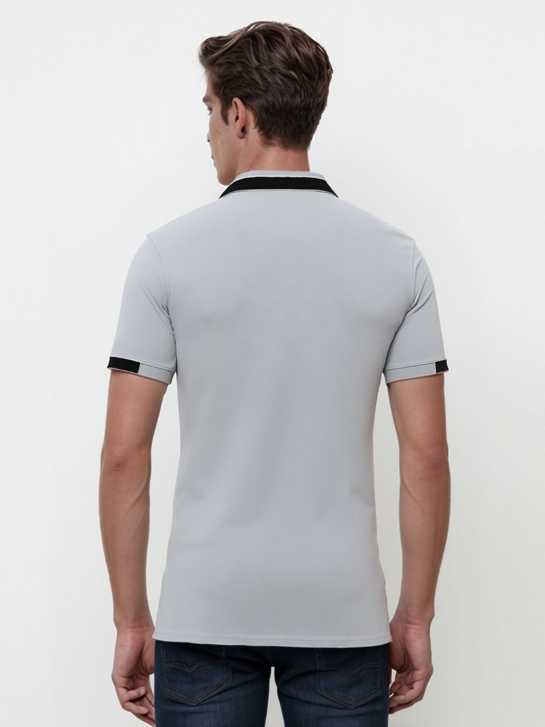 Image of MD by Mathra Dass Men Solid Polo Neck Cotton Blend Grey T-Shirt