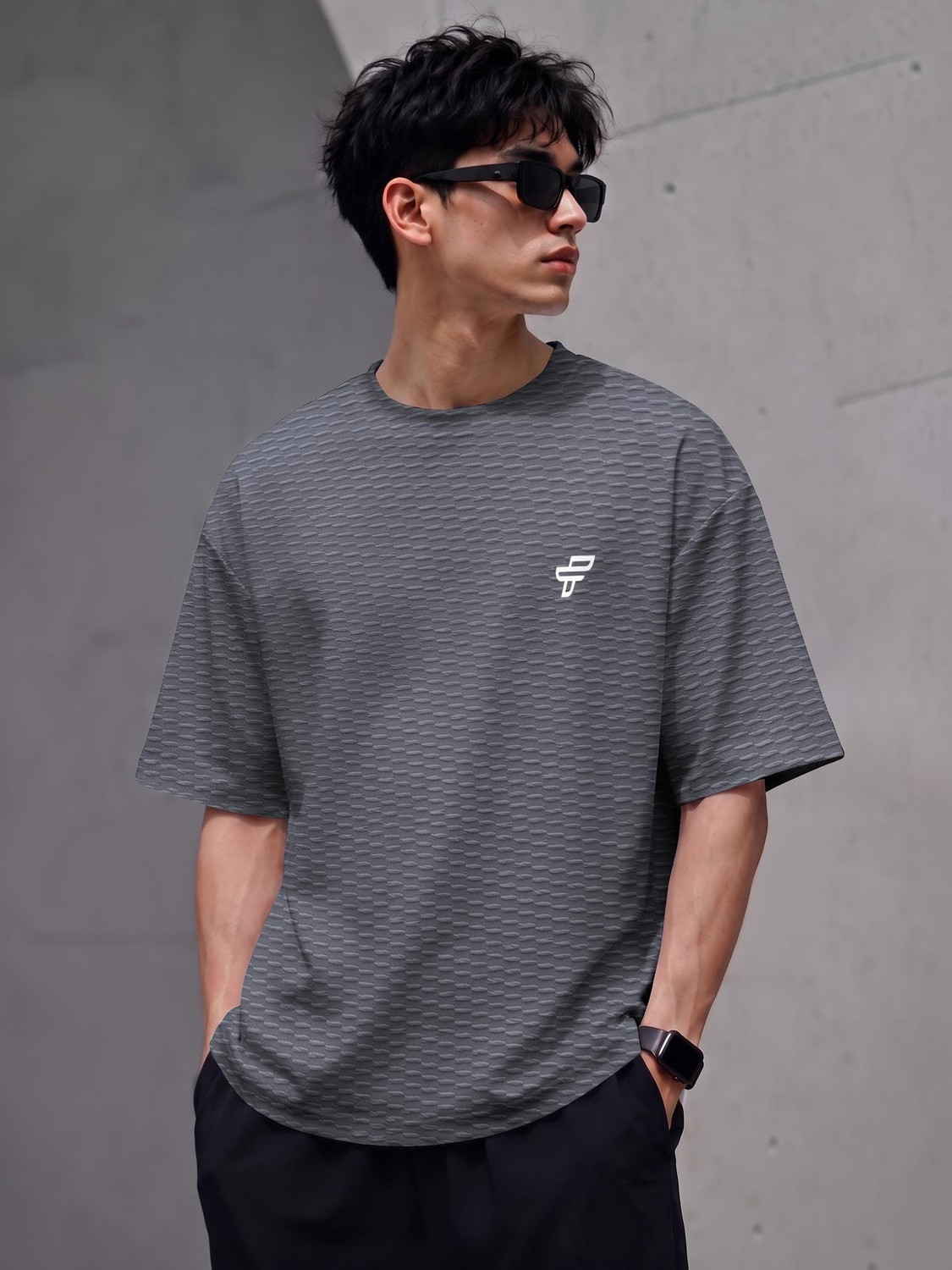 Image of FEEL TRACK Men Self Design Round Neck Elastane Grey T-Shirt