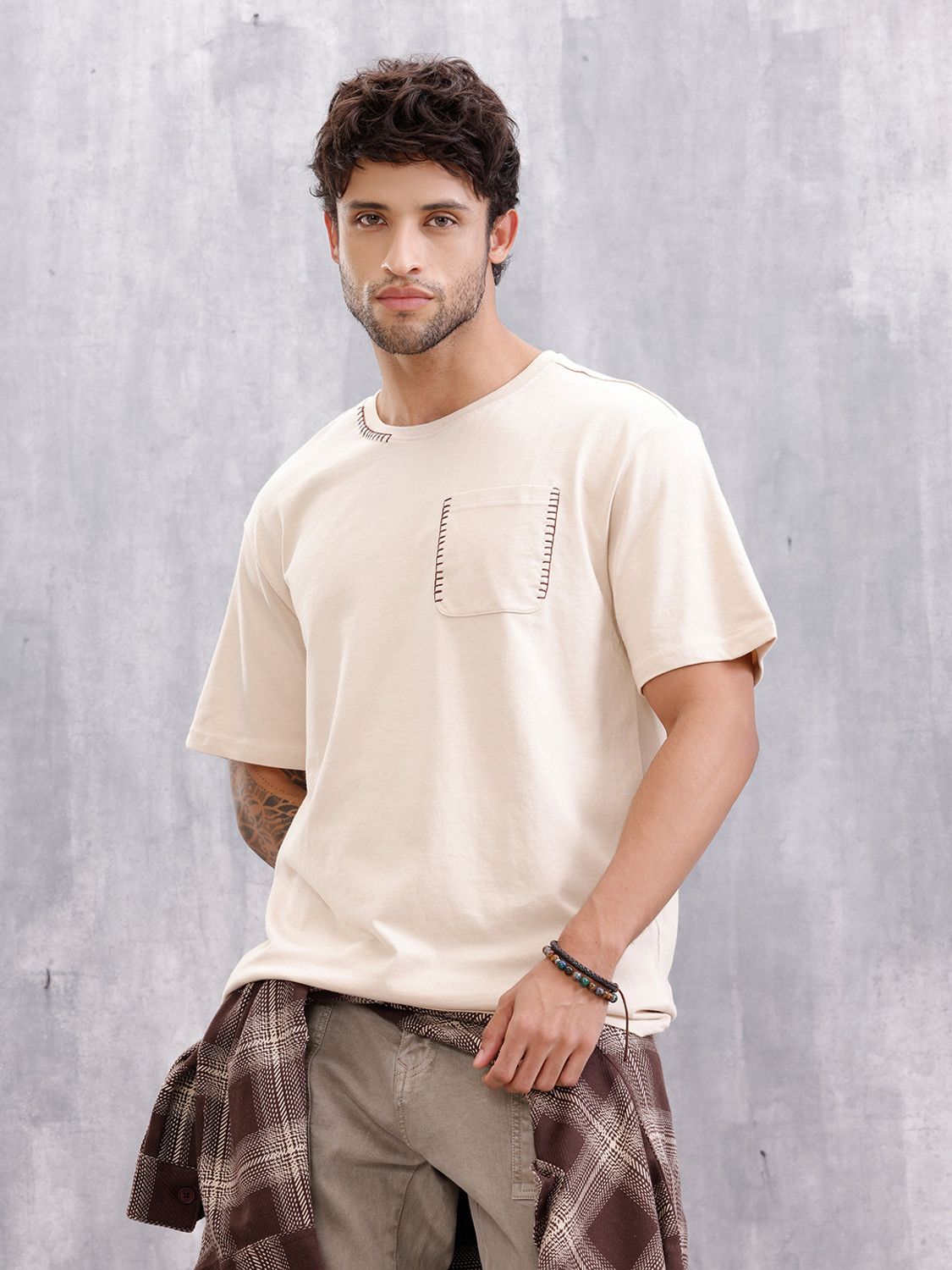 Image of WROGN Embroidered Men Crew Neck Beige T-Shirt