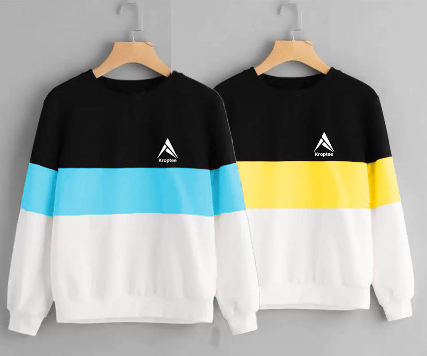 Kroptee Pack of 2 Men Colorblock Round Neck Cotton Blend Light Bl
