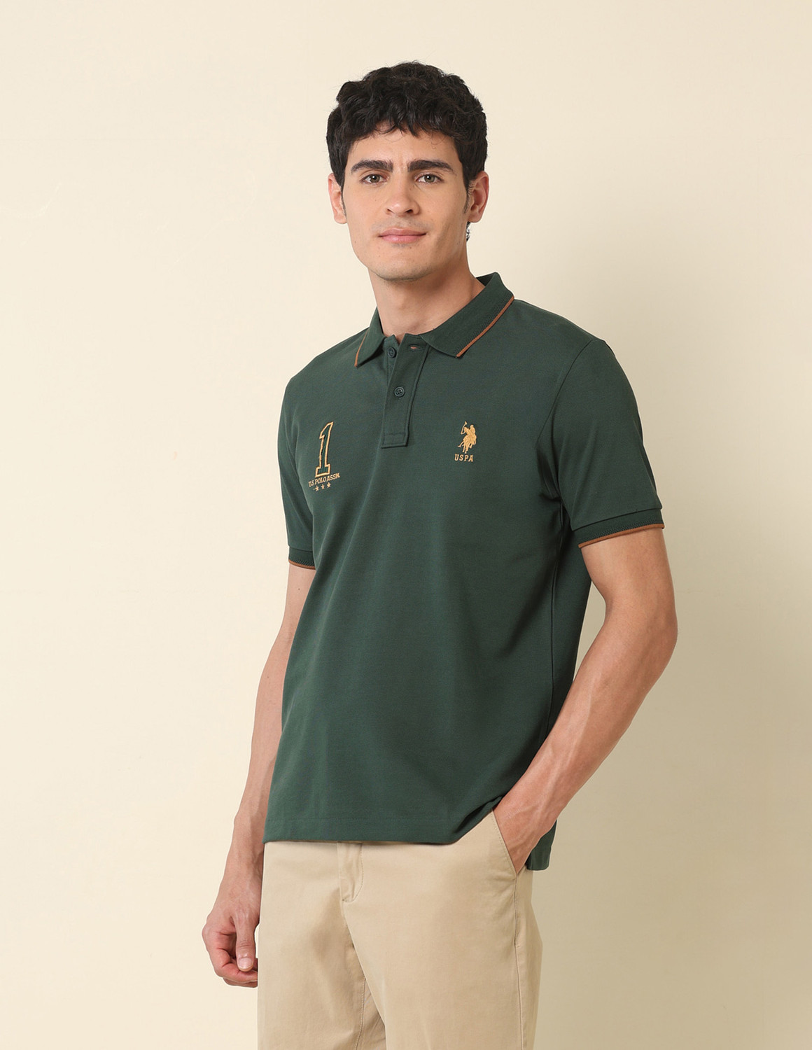 Image of U.S. POLO ASSN. Printed Men Polo Neck Green T-Shirt