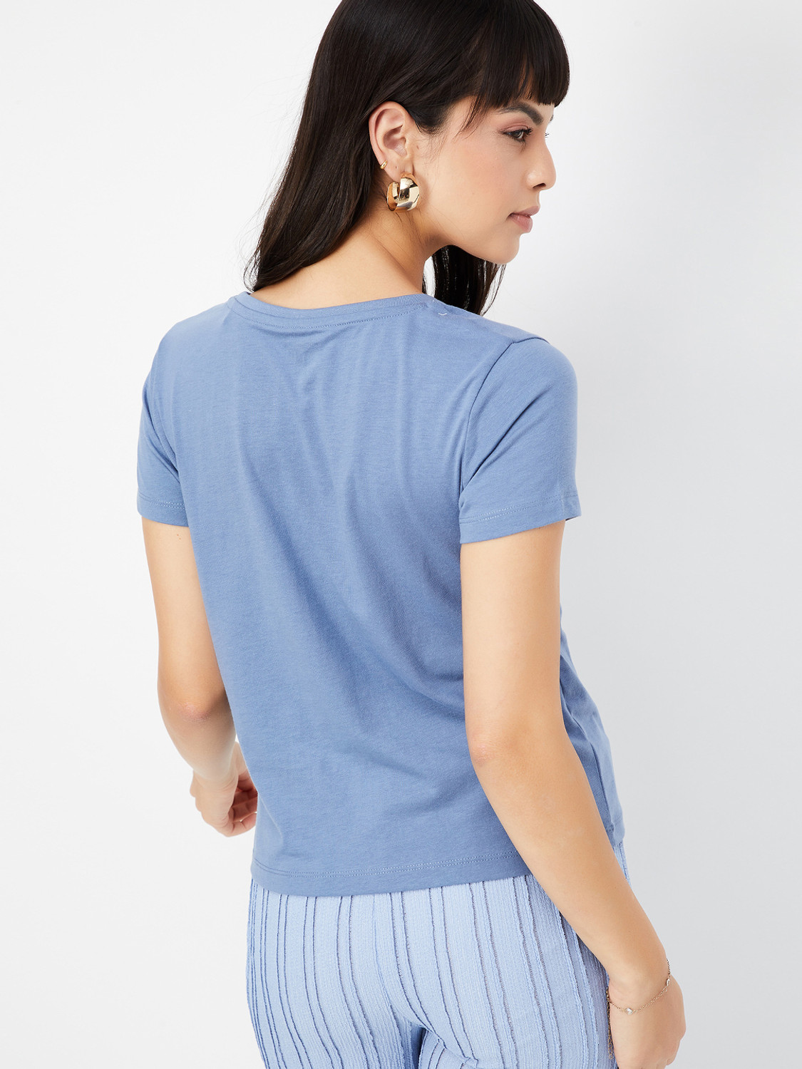 Image of MAX Solid Women Round Neck Blue T-Shirt