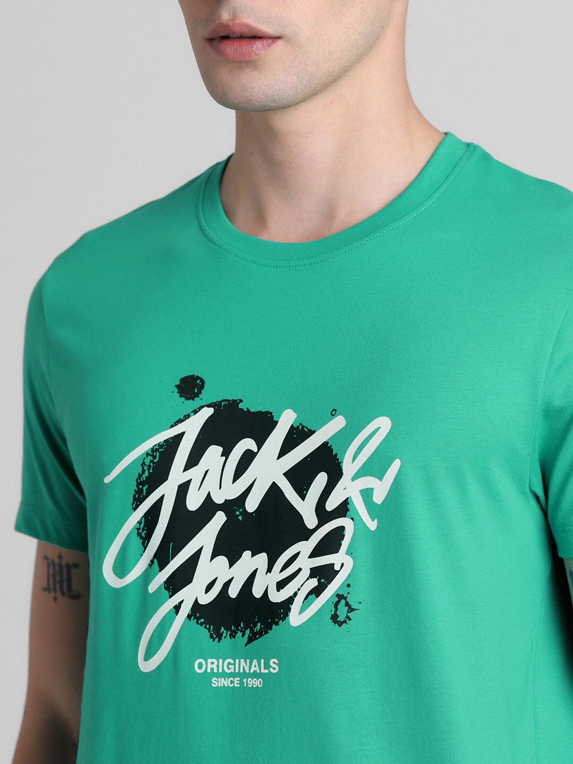 Image of JACK & JONES Printed, Typography Men Round Neck Green T-Shirt