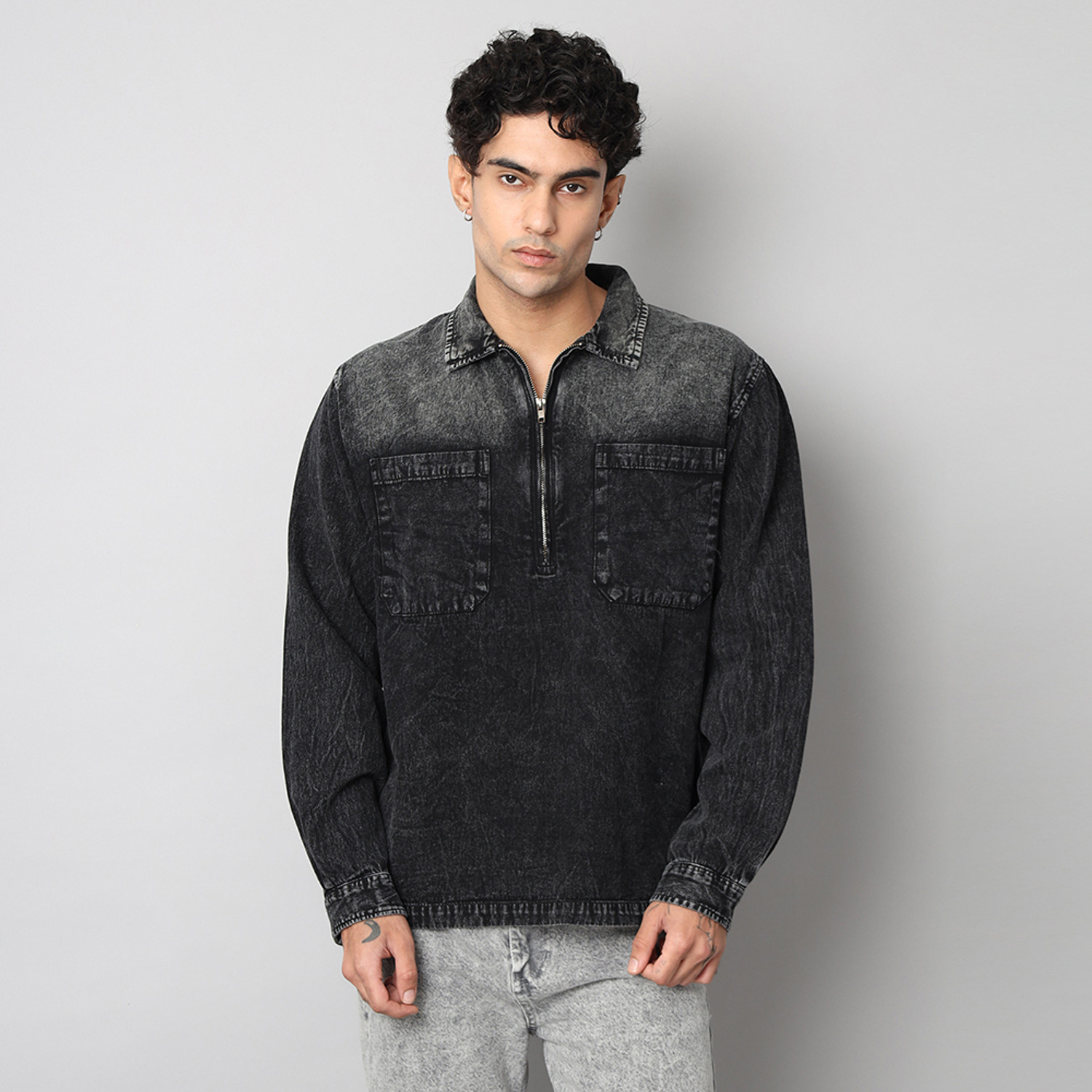 Image of D Finish Men Washed Casual Black Shirt