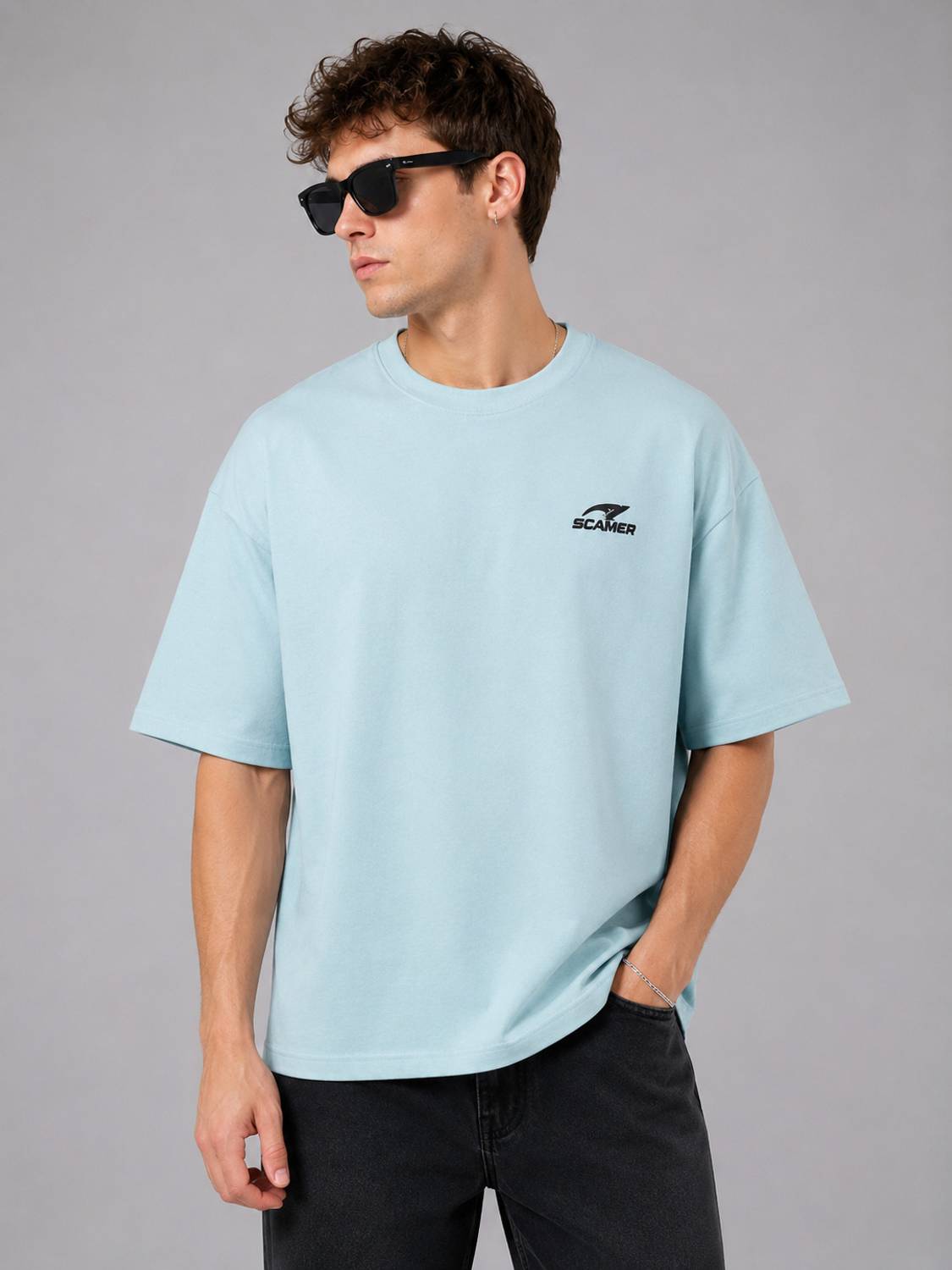 Scamer Jeans Typography Men Round Neck Blue T-Shirt