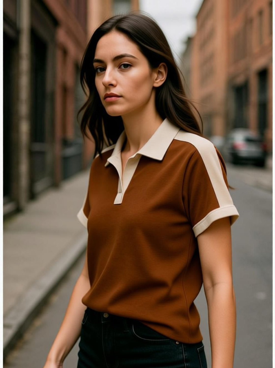 Image of ytrick Women Colorblock, Solid Polo Neck Cotton Blend Brown T-Shirt