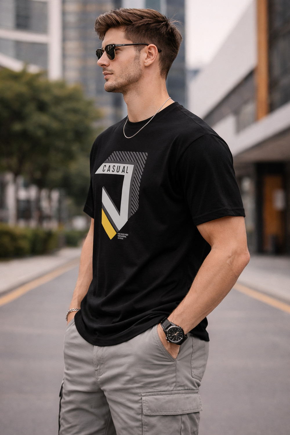 Image of ELABOT Graphic Print Men Round Neck Black T-Shirt