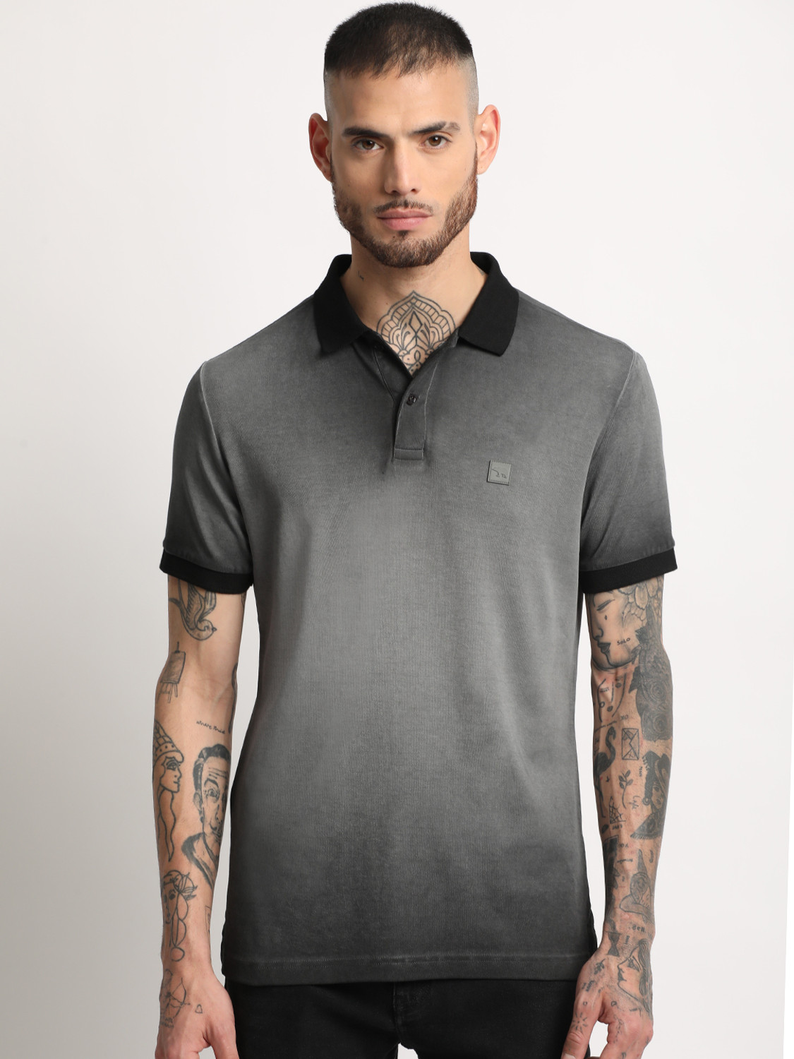 Image of THE BEAR HOUSE Solid Men Polo Neck Grey T-Shirt