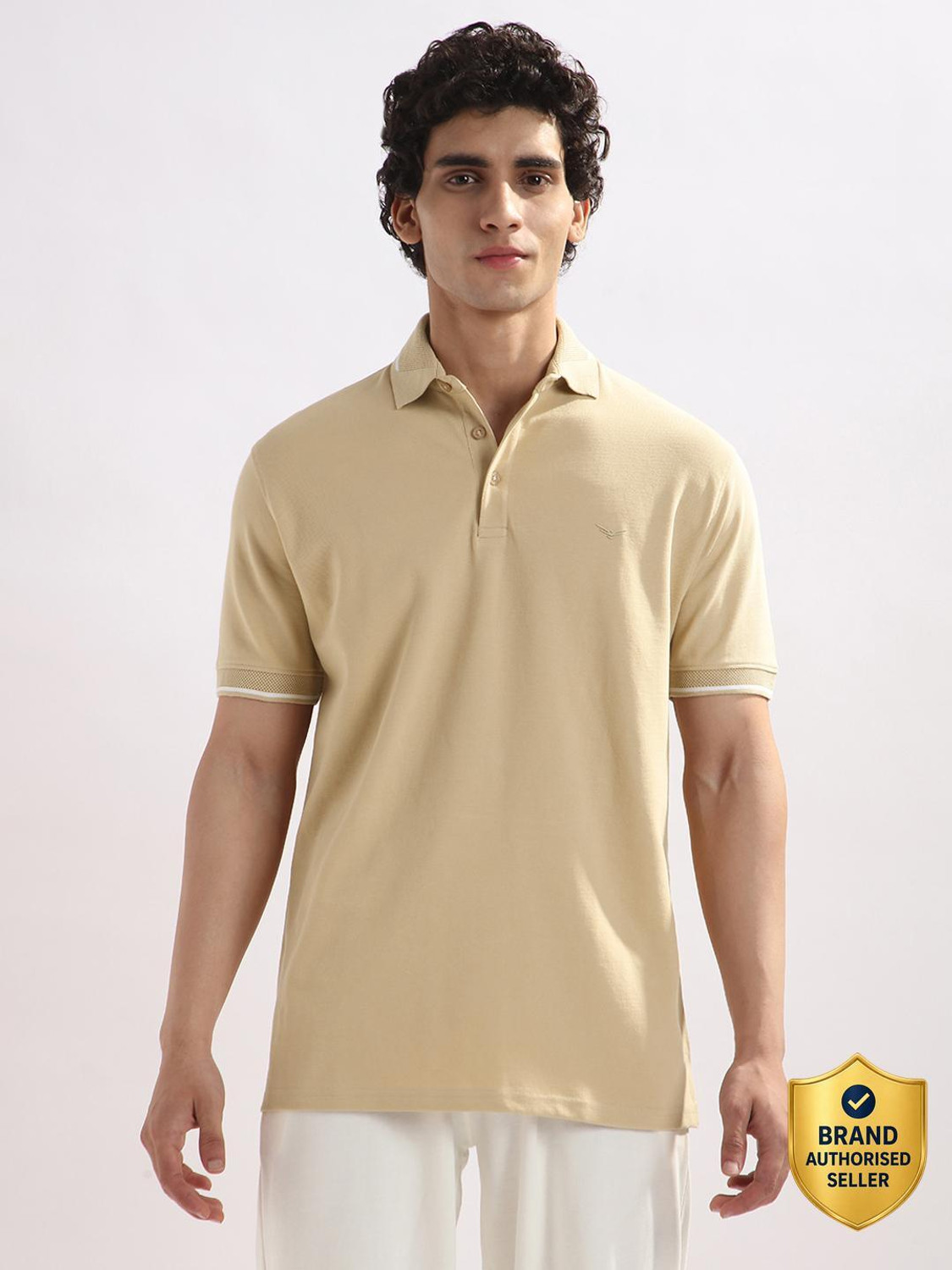 Image of NOBERO Solid Men Polo Neck Beige T-Shirt