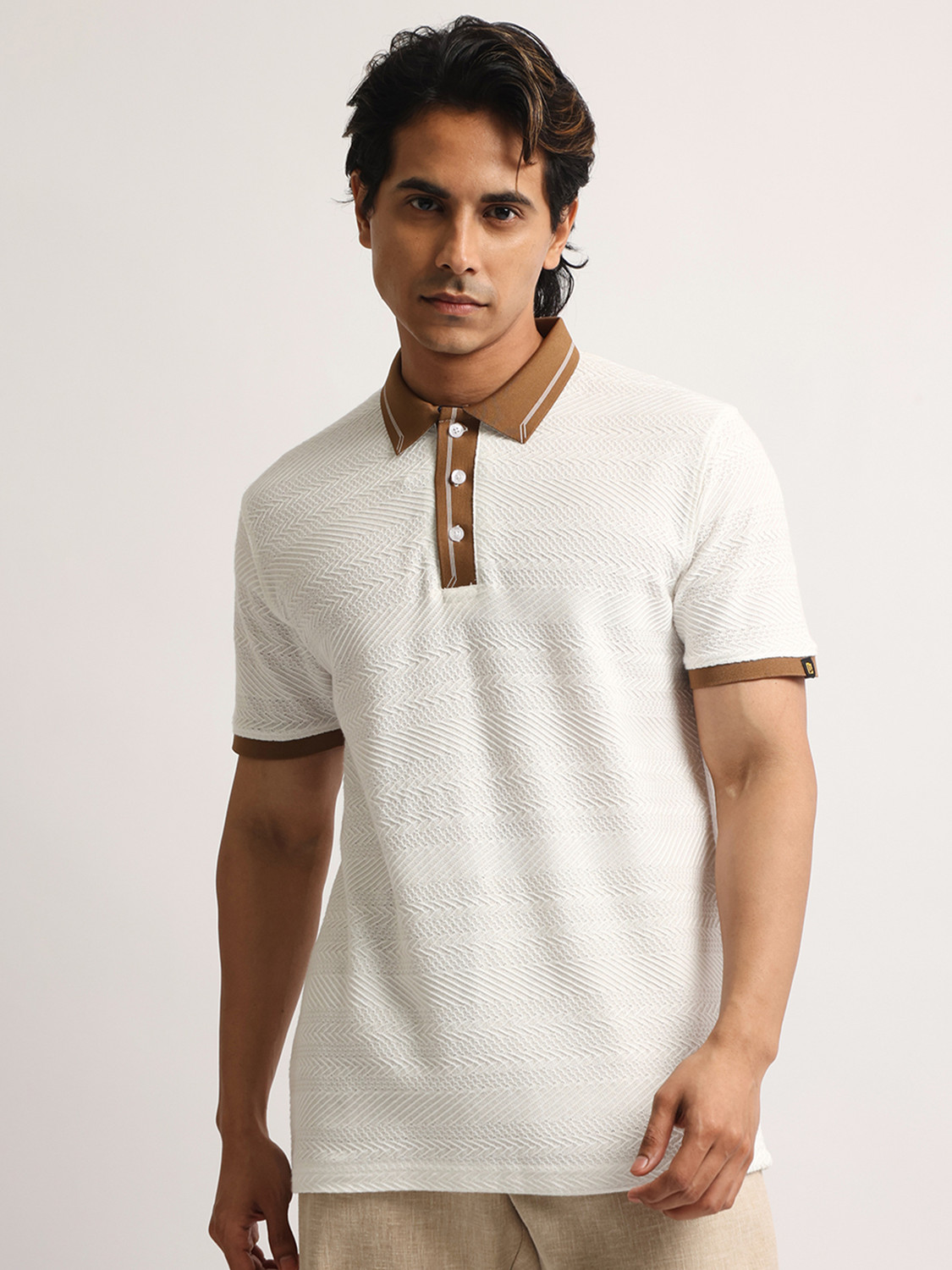 Image of MANIAC Self Design Men Polo Neck White, Brown T-Shirt