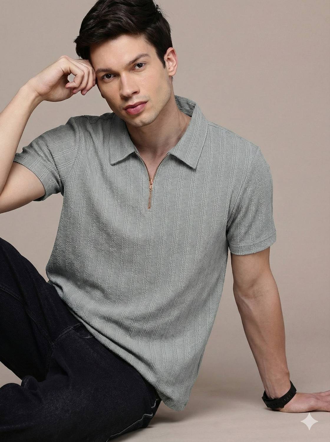 COMBRAIDED Men Grey Polo Neck T-Shirt - Image 3