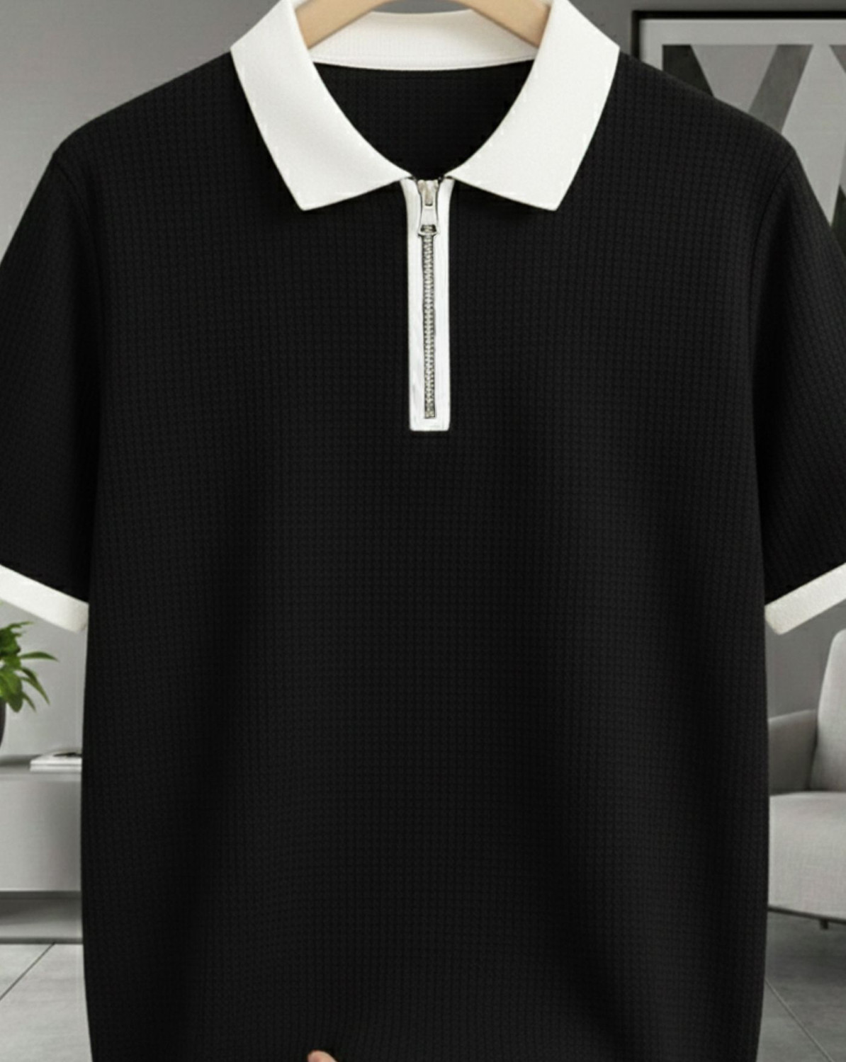 Image of AOOSH Self Design Men Zip Neck Black, White T-Shirt