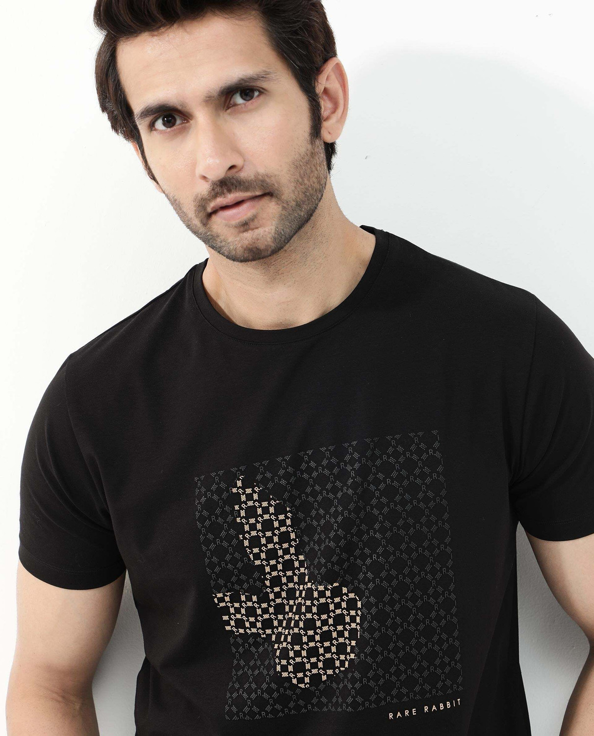 Image of RARE RABBIT Printed Men Round Neck Black T-Shirt