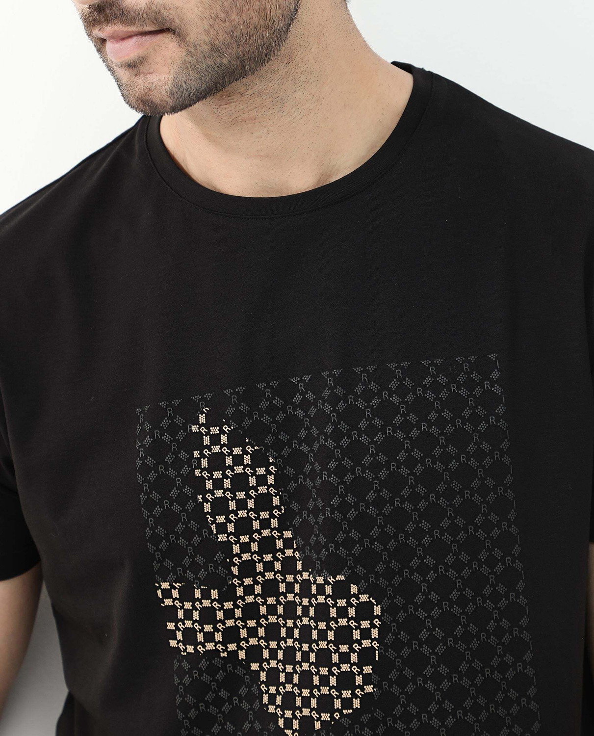 Image of RARE RABBIT Printed Men Round Neck Black T-Shirt