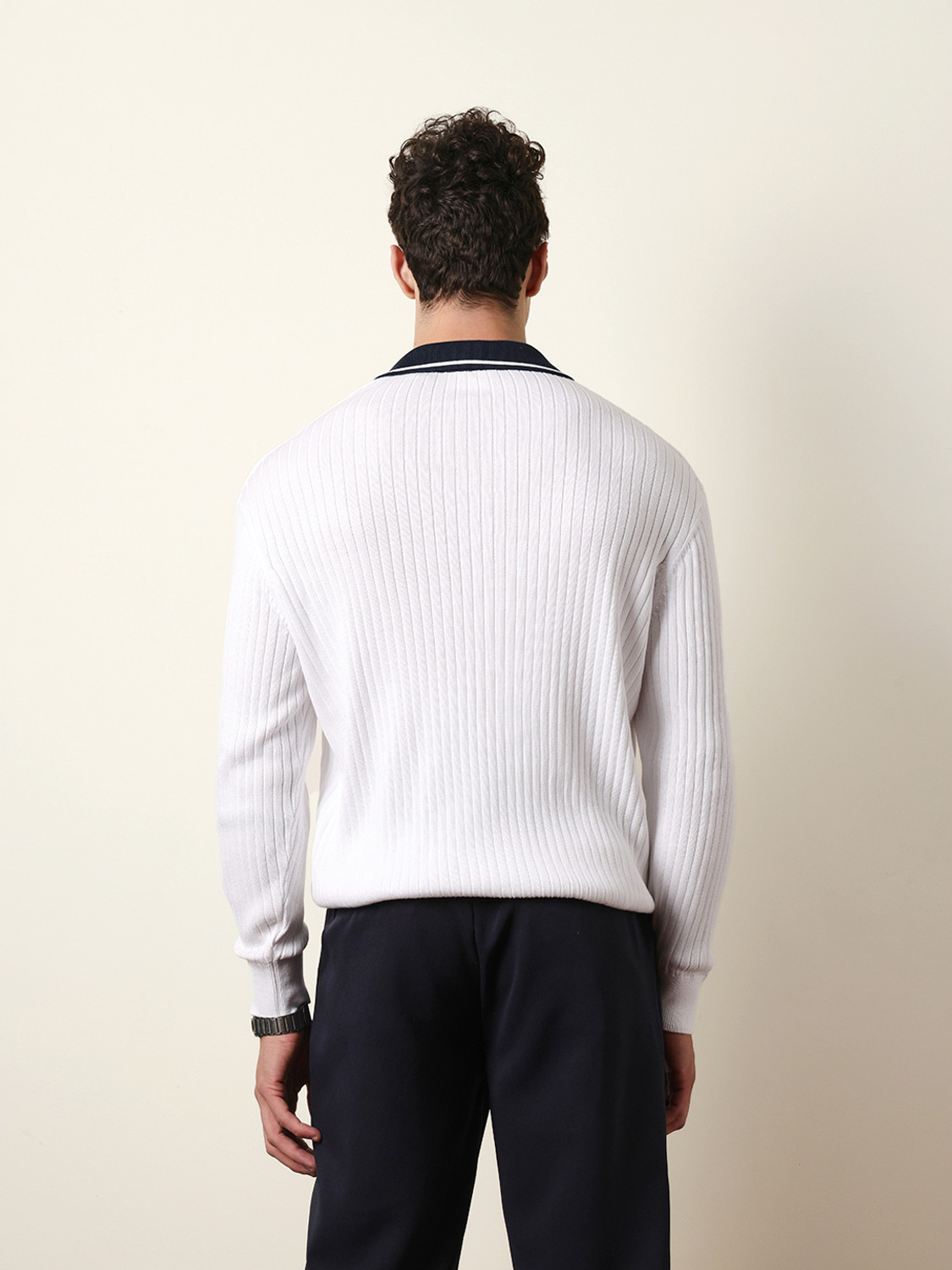 Image of THE BEAR HOUSE Striped Men Polo Neck White T-Shirt