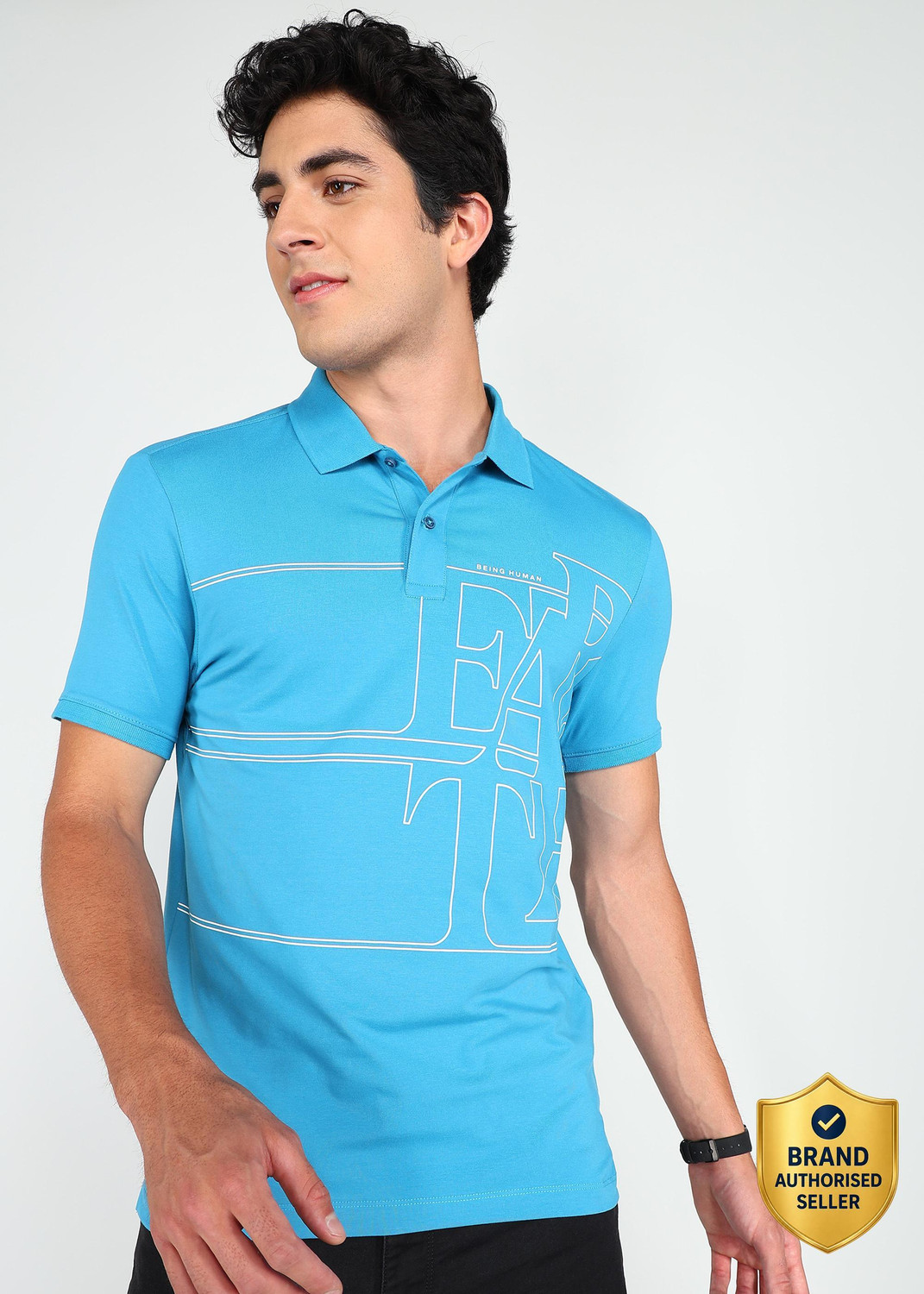 Image of BEING HUMAN Printed Men Polo Neck Blue T-Shirt