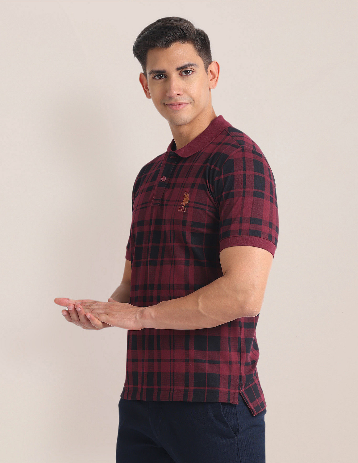 Image of U.S. POLO ASSN. Checkered Men Polo Neck Red T-Shirt
