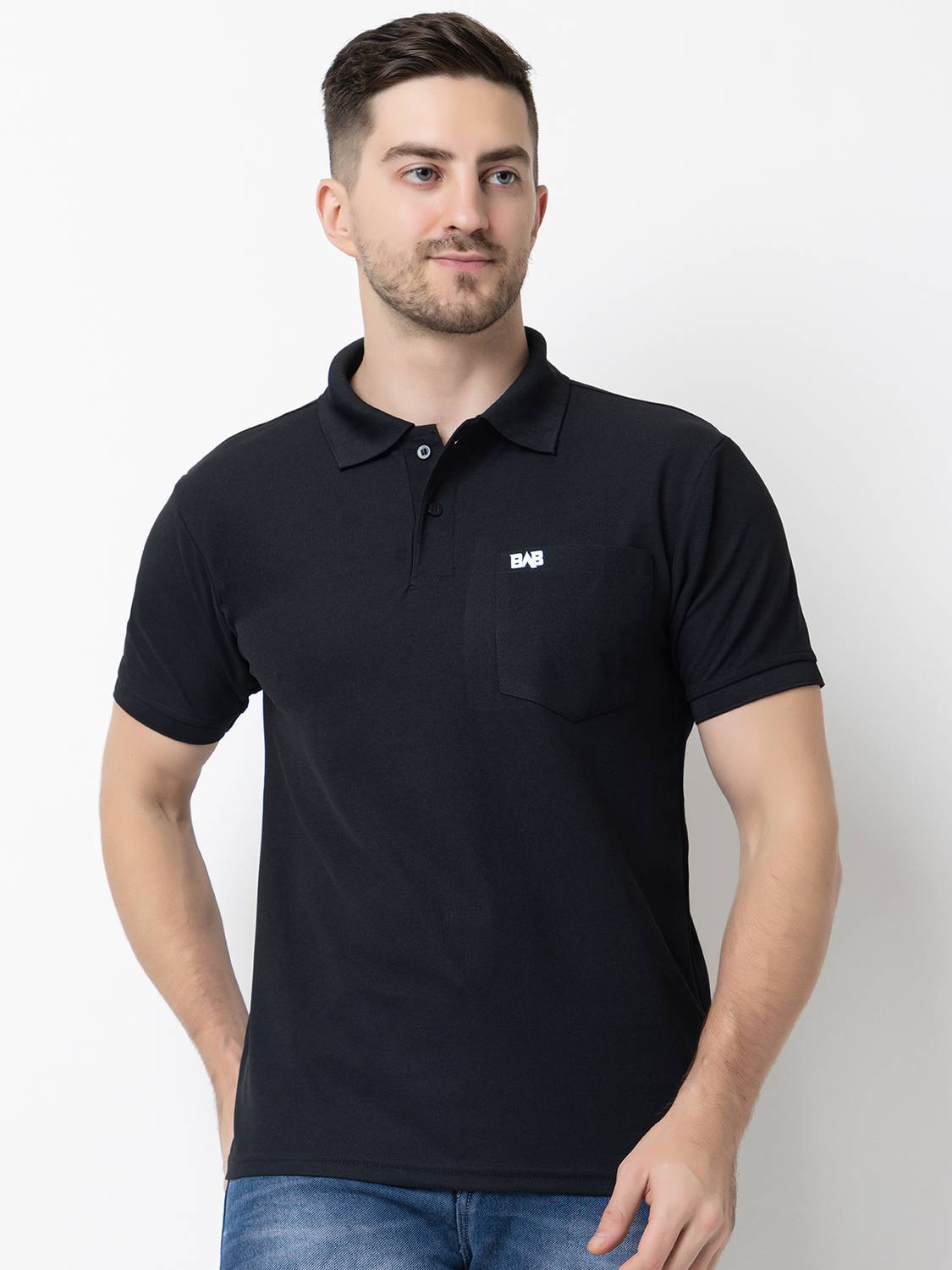 BAB Men Solid Polo Neck Cotton Blend Black T-Shirt