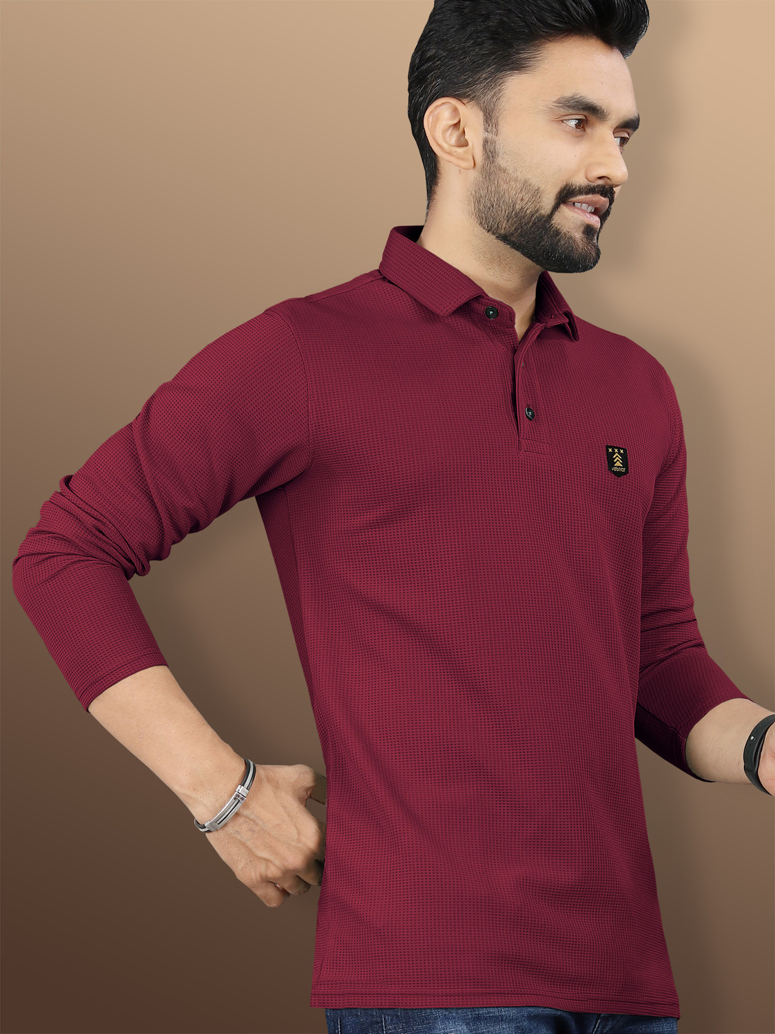 Image of VeBNoR Self Design Men Polo Neck Maroon T-Shirt