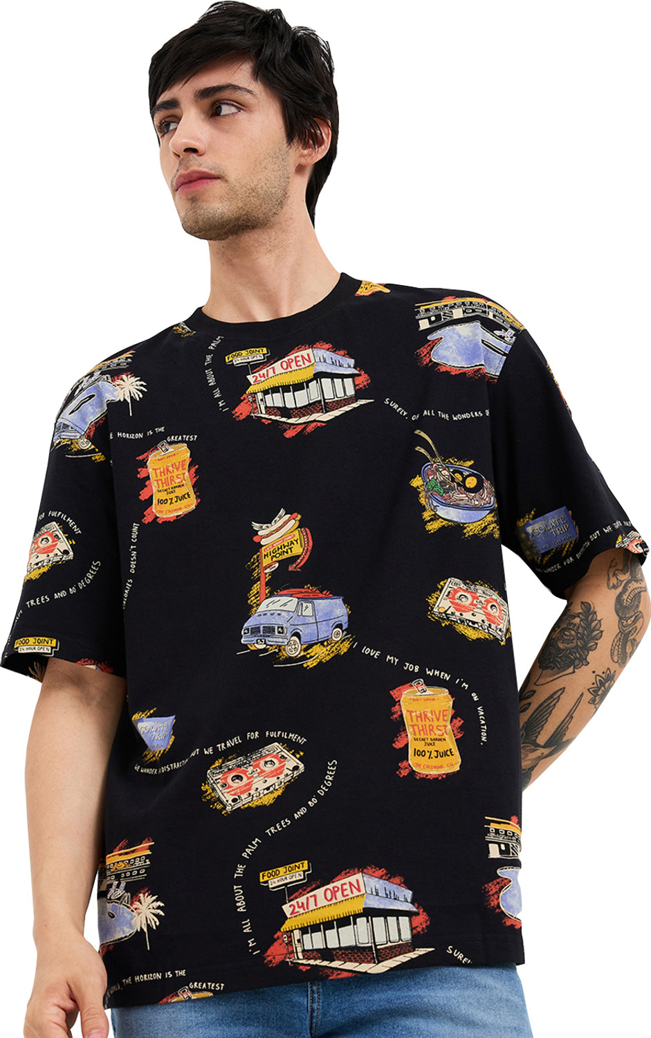 Image of Spykar Printed Men Round Neck Black T-Shirt