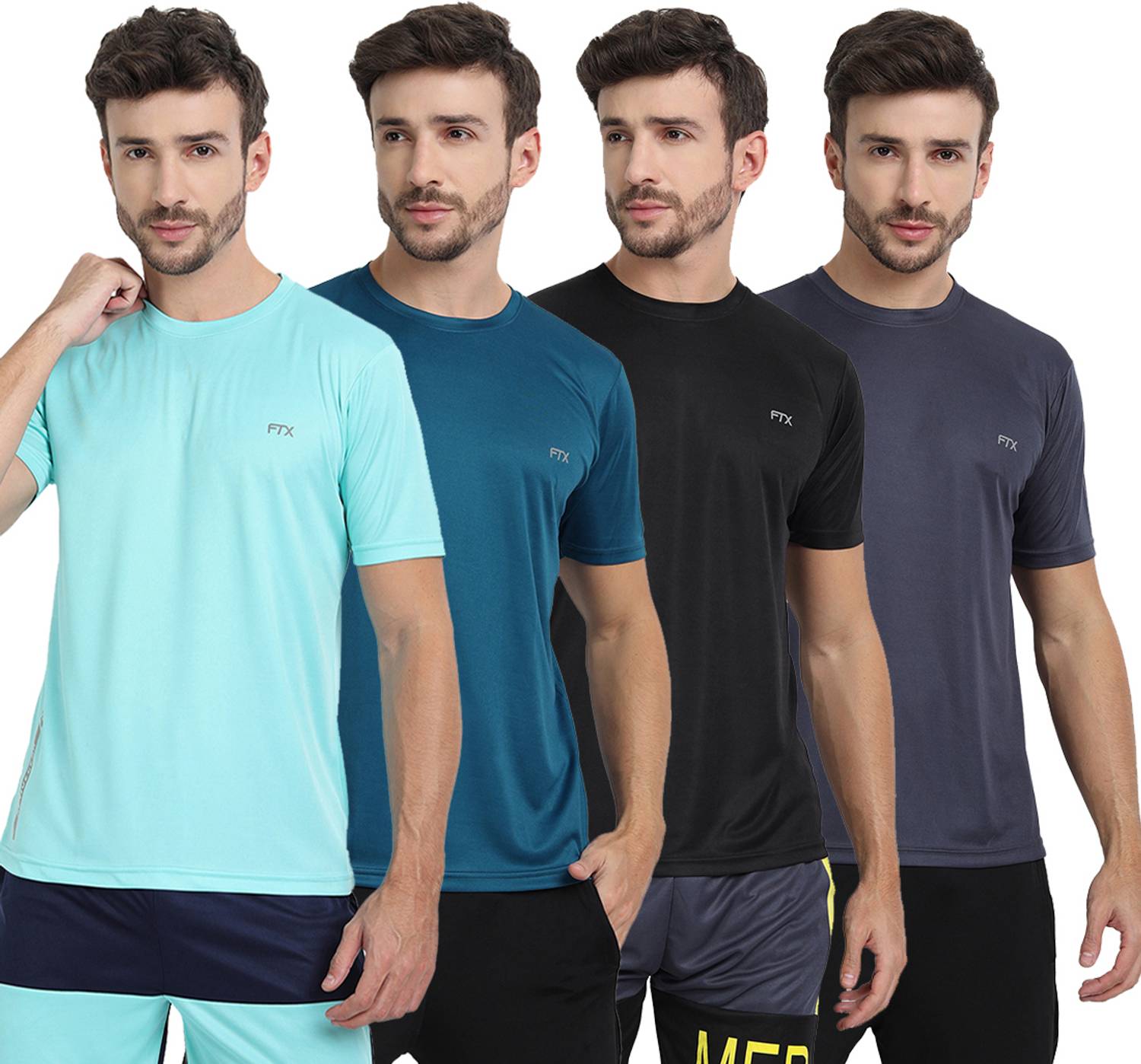 FTX Pack of 4 Men Solid Round Neck Polyester Light Blue, Blue, Bl
