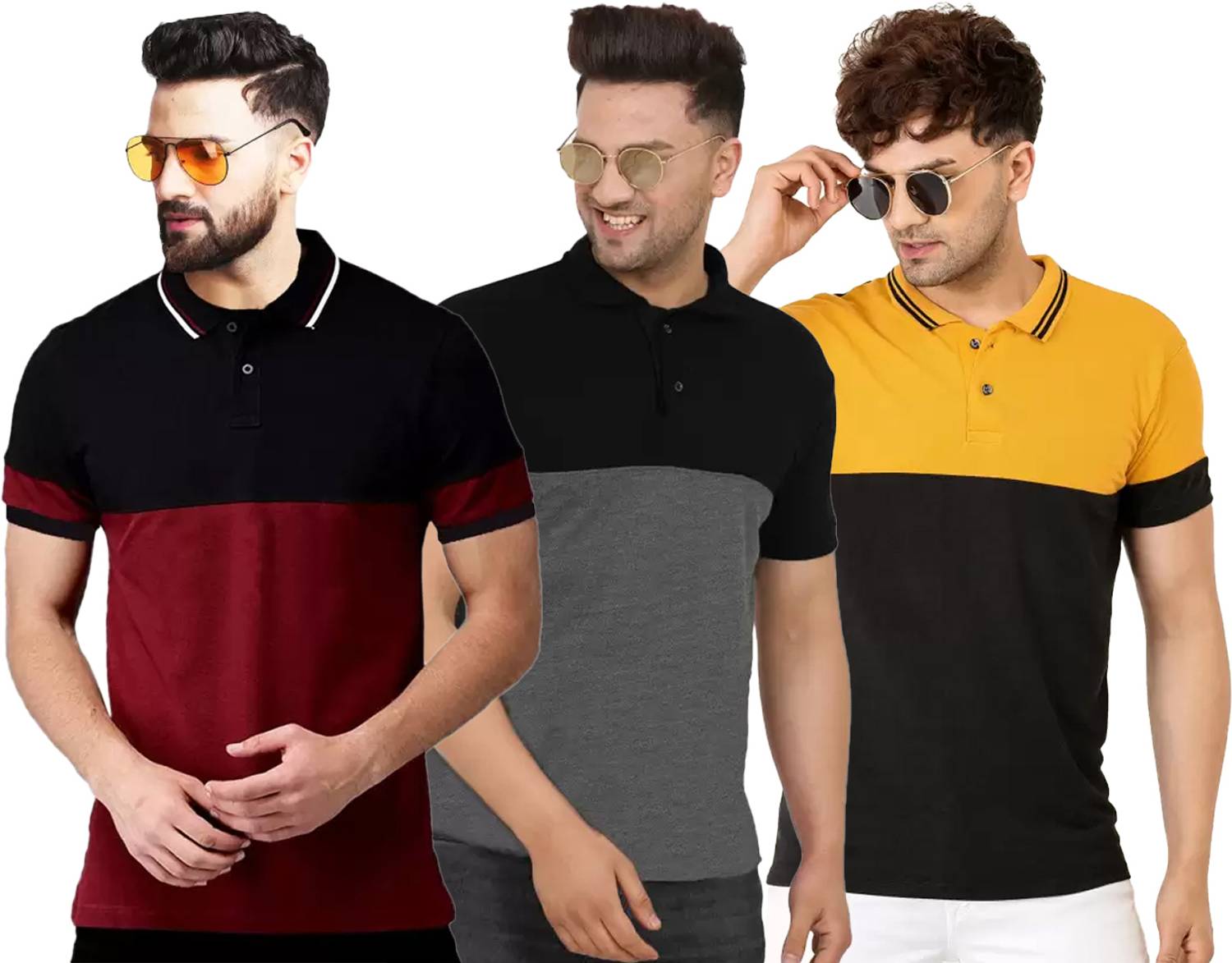 Leotude Men Colorblock Polo Neck Cotton Blend Multicolor T-Shirt