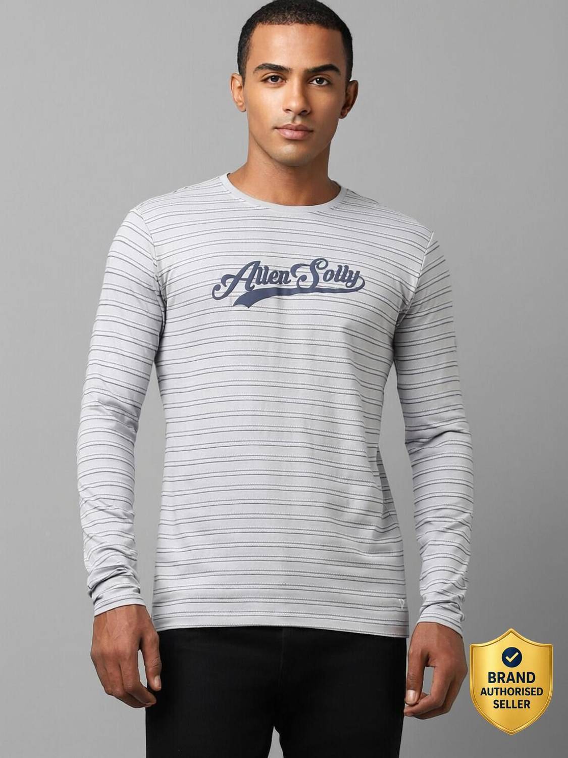 Allen Solly Striped, Typography Men Round Neck Grey T-Shirt