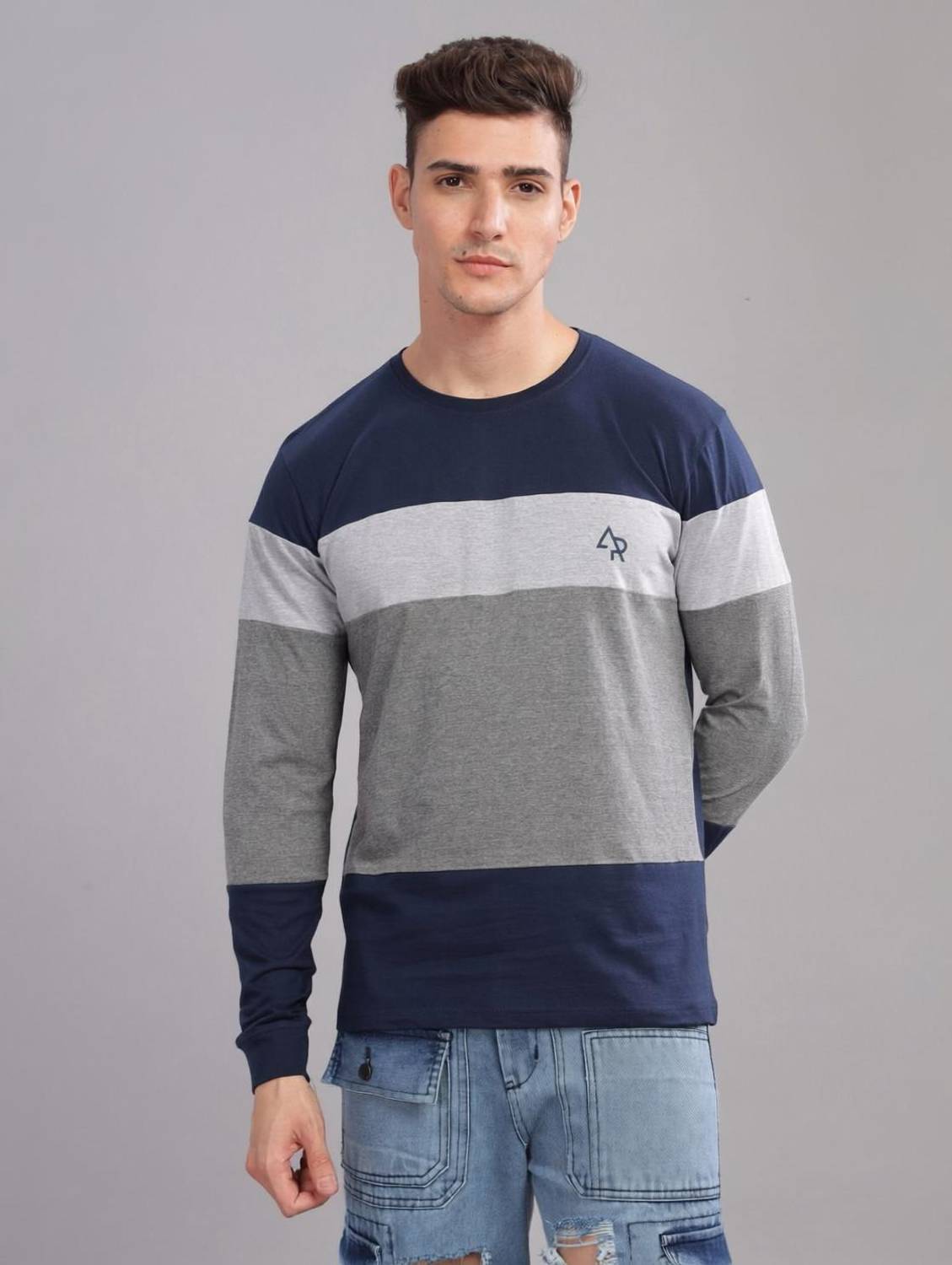 ADRO Solid Men Round Neck Navy Blue T-Shirt