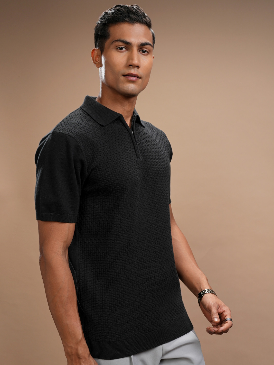 Image of HIGHLANDER Self Design Men Polo Neck Black T-Shirt