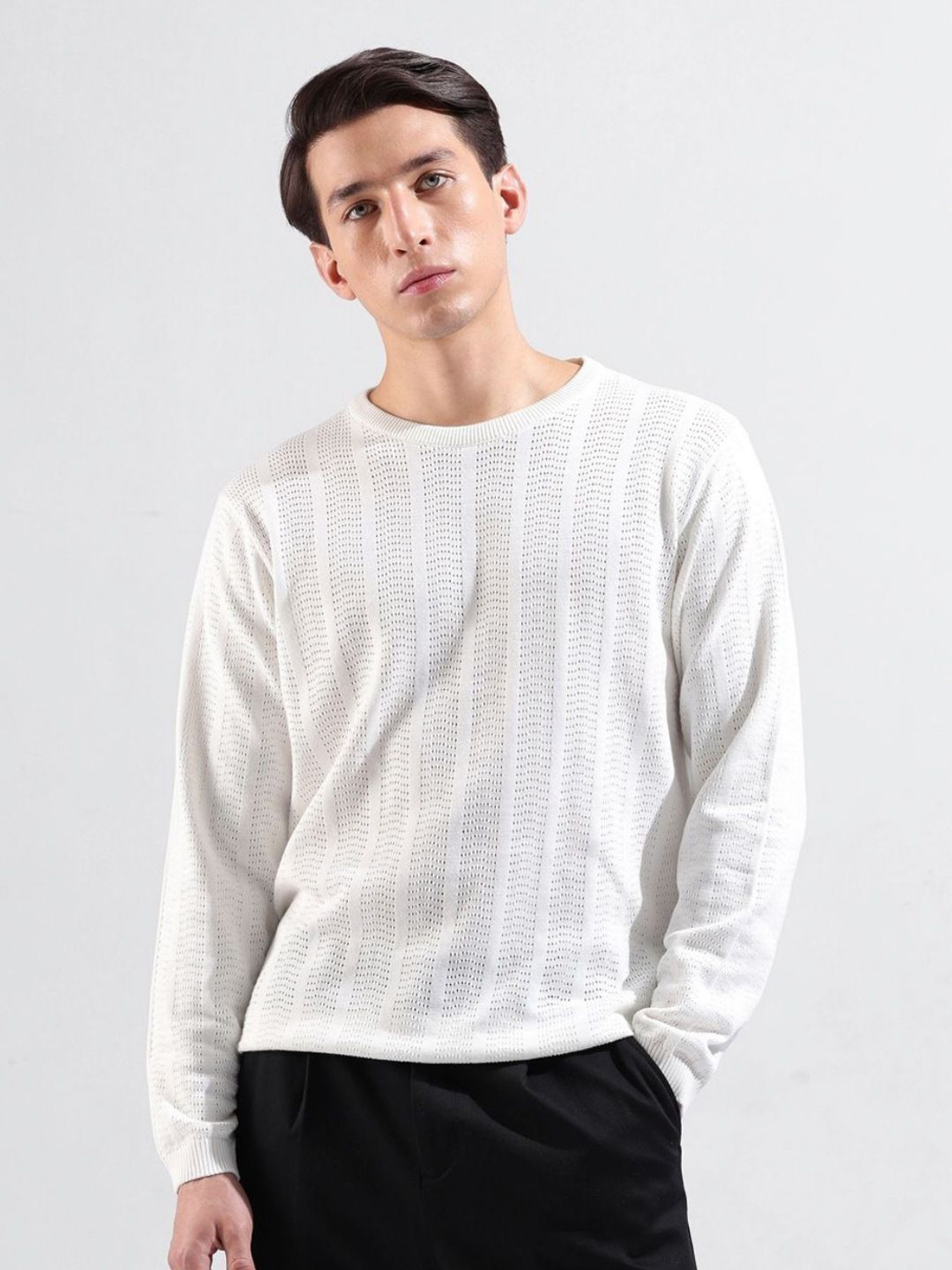 Image of The Indian Garage Co. Men Self Design Crew Neck Pure Cotton White T-Shirt