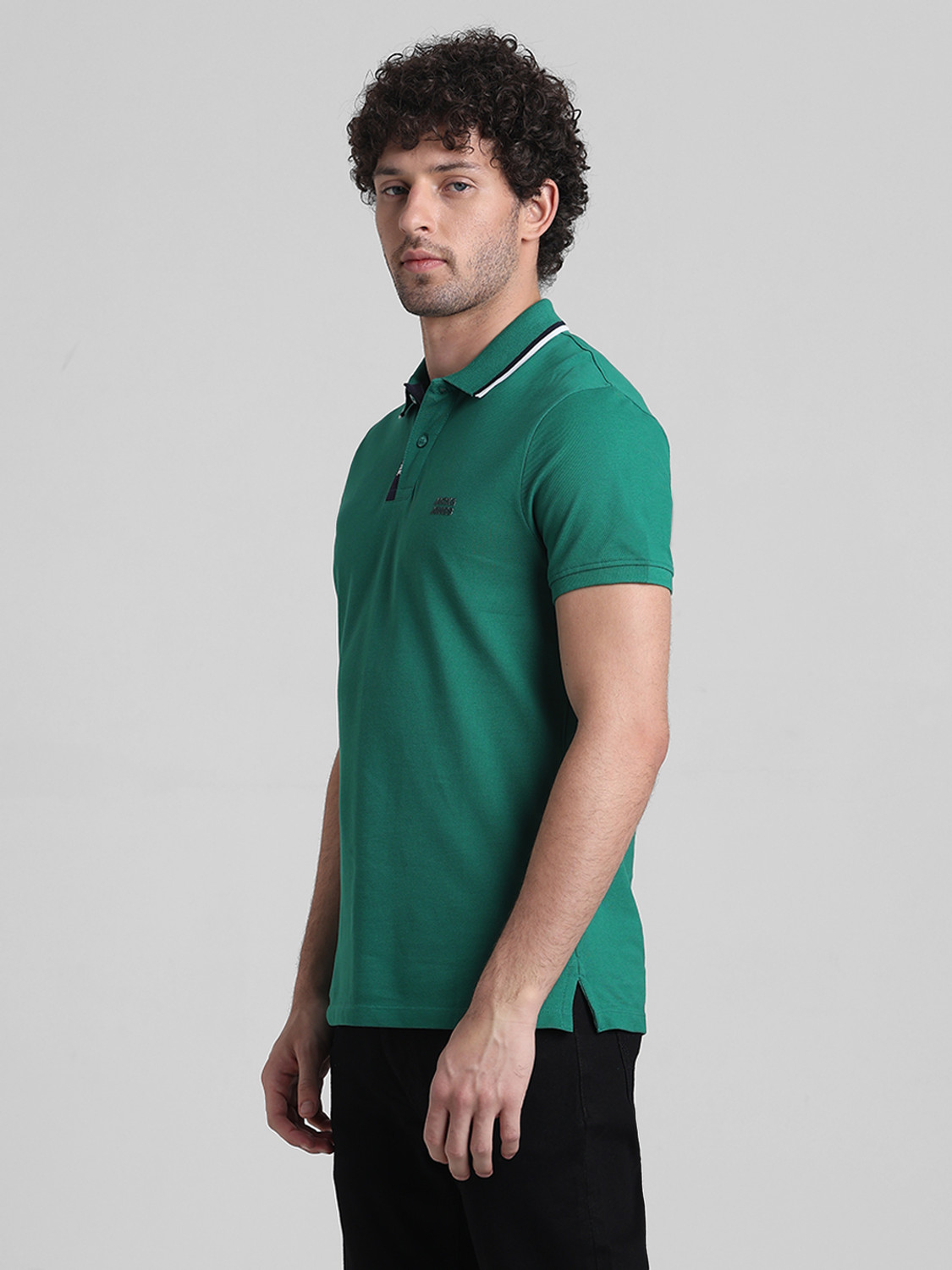 Image of JACK & JONES Solid Men Polo Neck Green T-Shirt