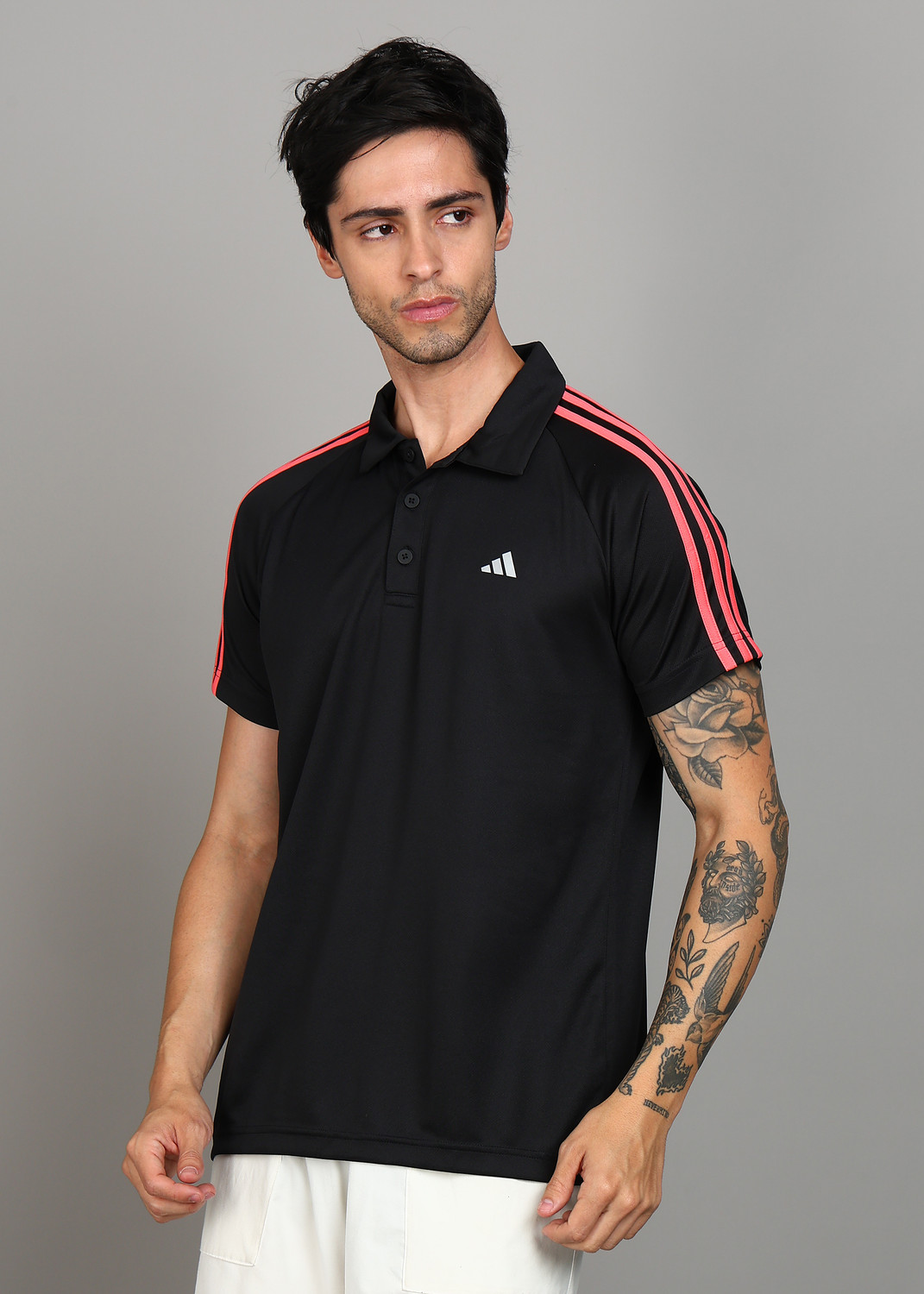 Image of ADIDAS Solid Men Polo Neck Black T-Shirt