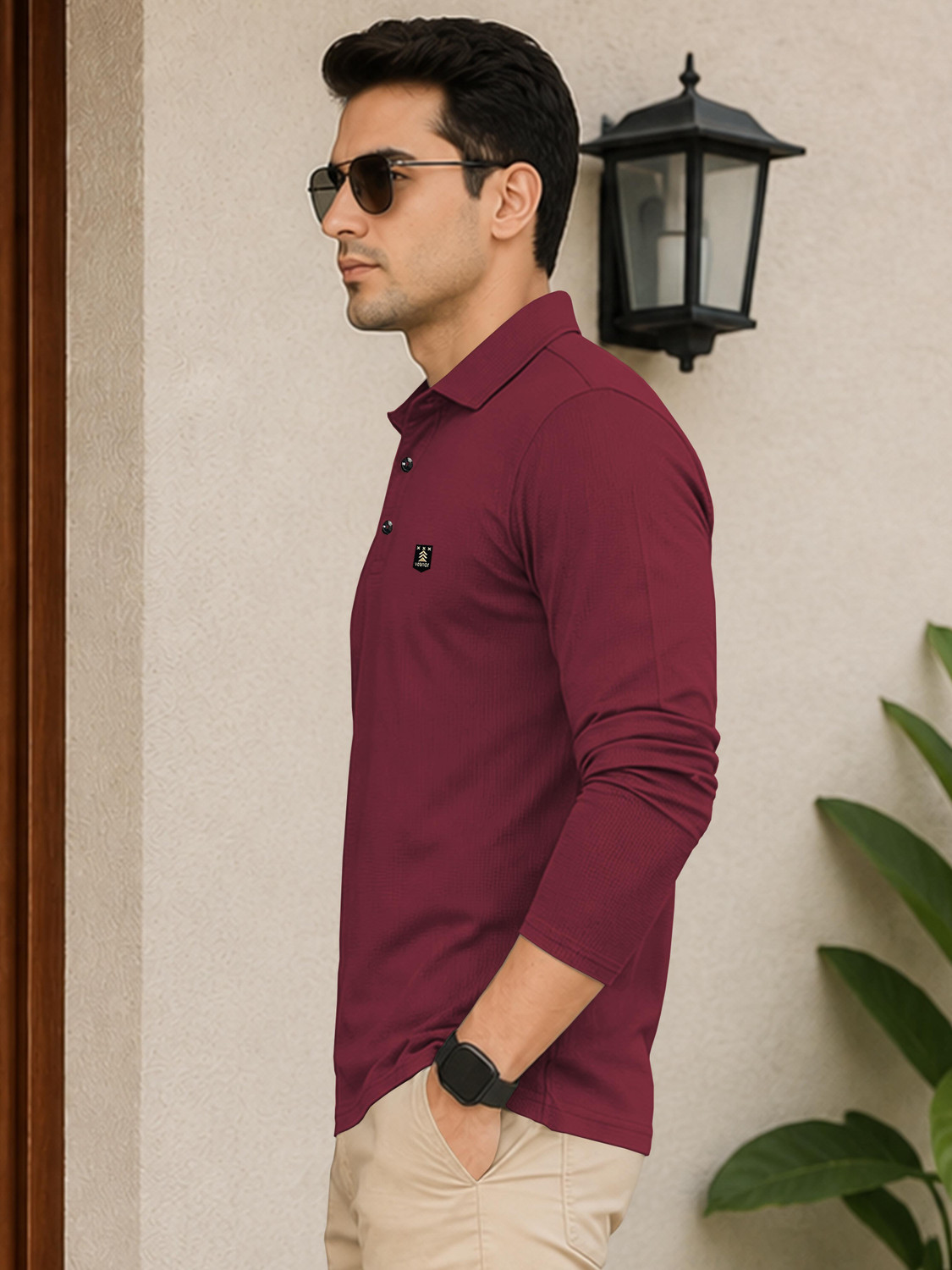 Image of VeBNoR Self Design Men Polo Neck Maroon T-Shirt