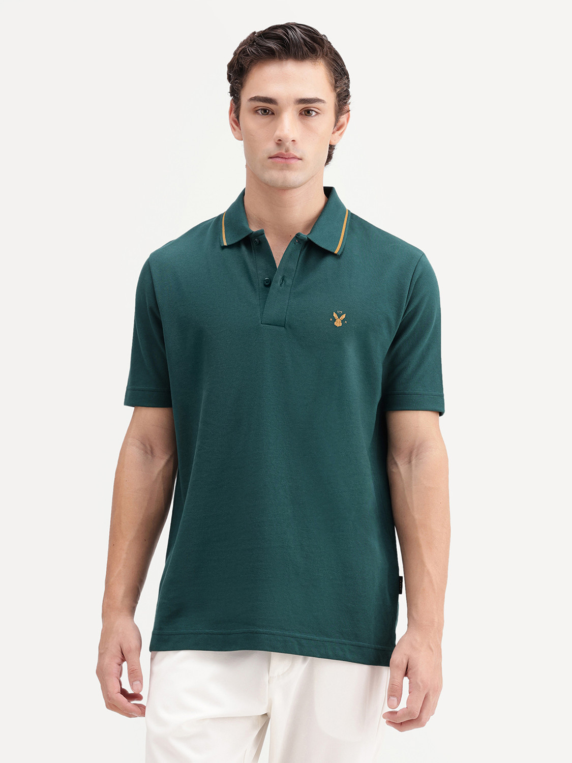 Image of RARE RABBIT Solid Men Polo Neck Green T-Shirt