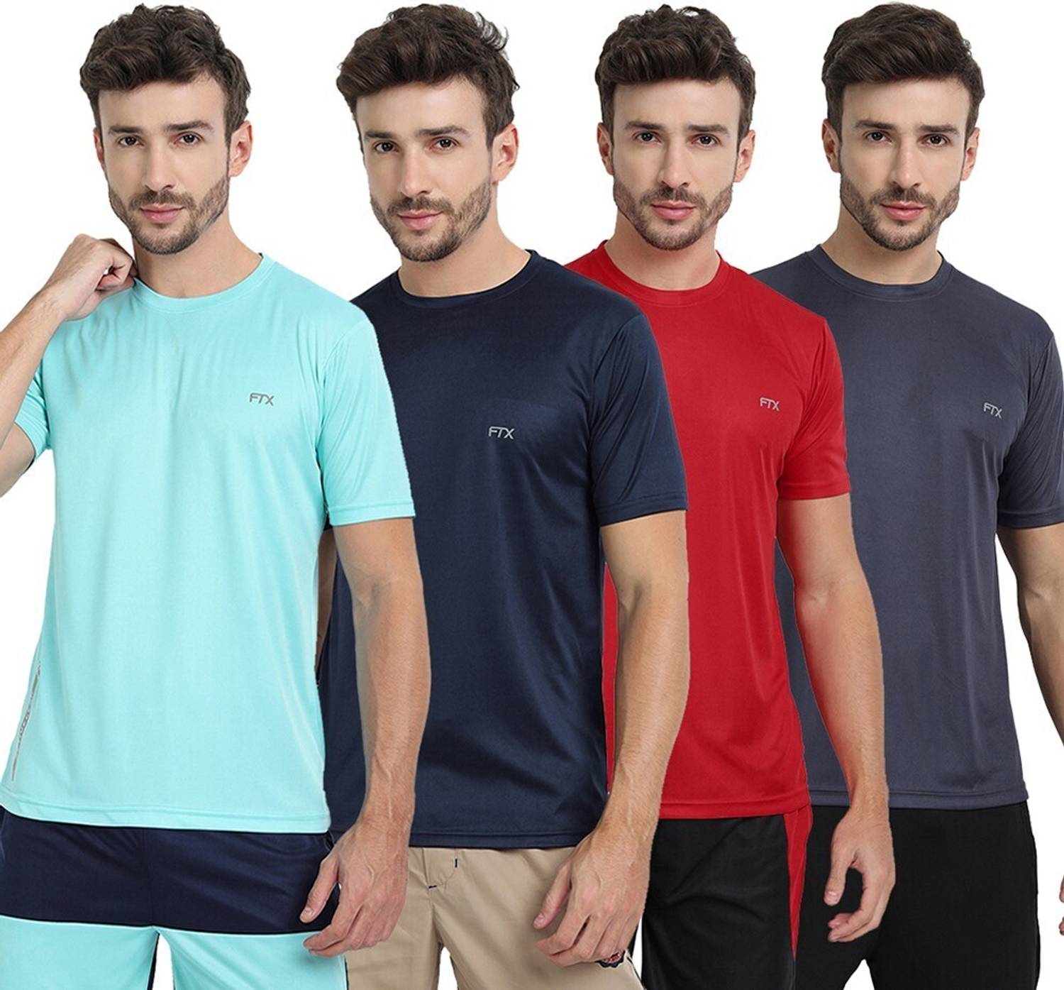 FTX Pack of 4 Men Solid Round Neck Polyester Multicolor T-Shirt