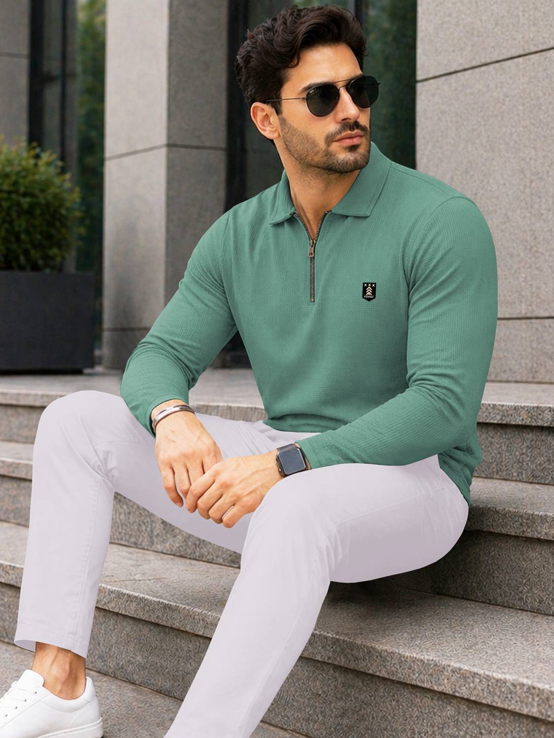 VeBNoR Self Design Men Zip Neck Green T-Shirt - Buy VeBNoR Self