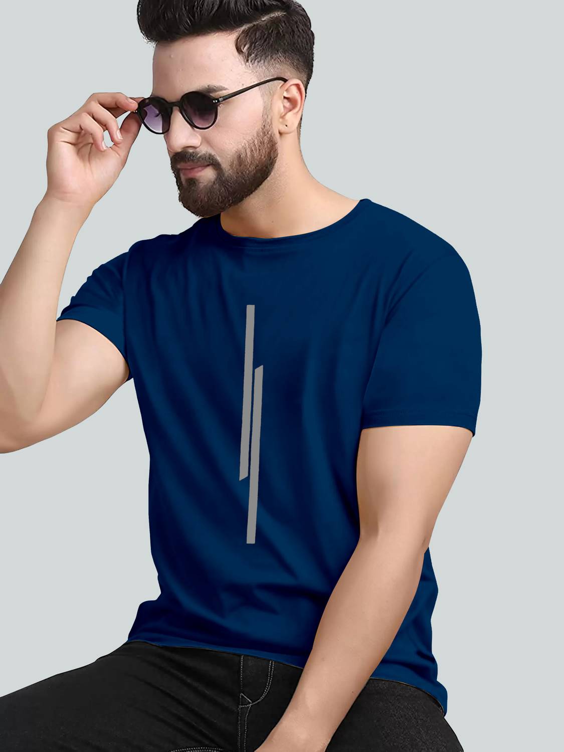 KAJARU Men Striped Round Neck Polyester Dark Blue T-Shirt
