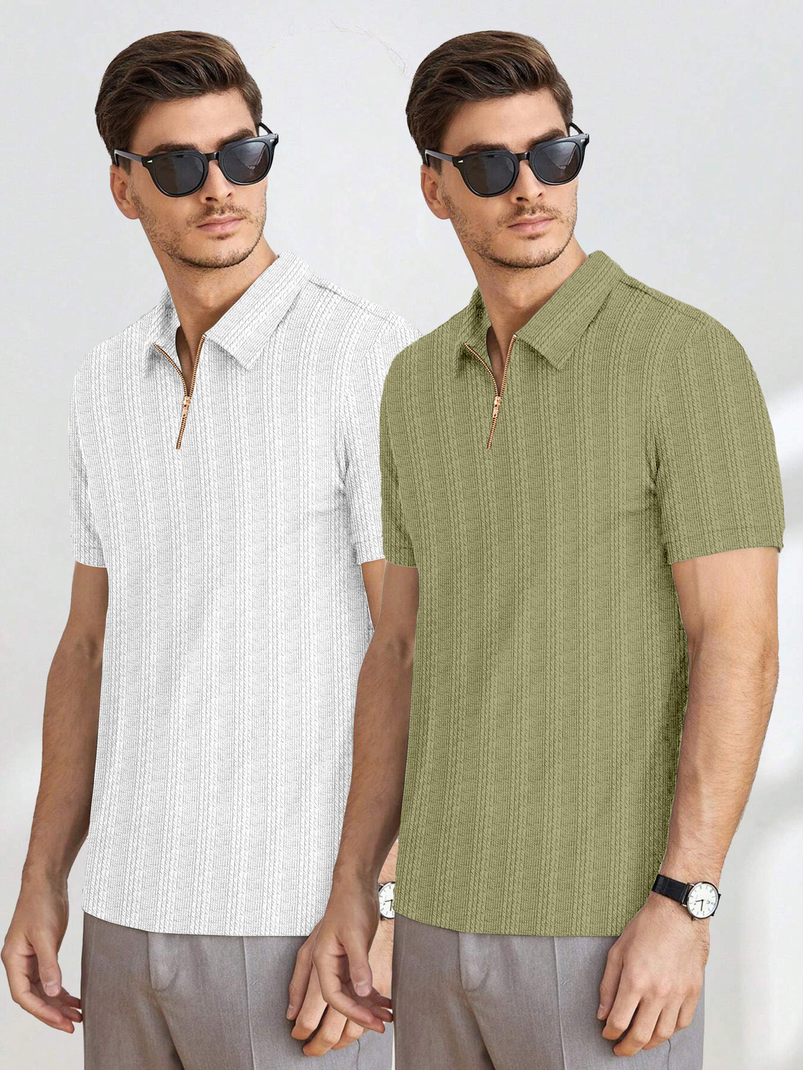 Image of COMBRAIDED Striped Men Zip Neck Light Green, White T-Shirt