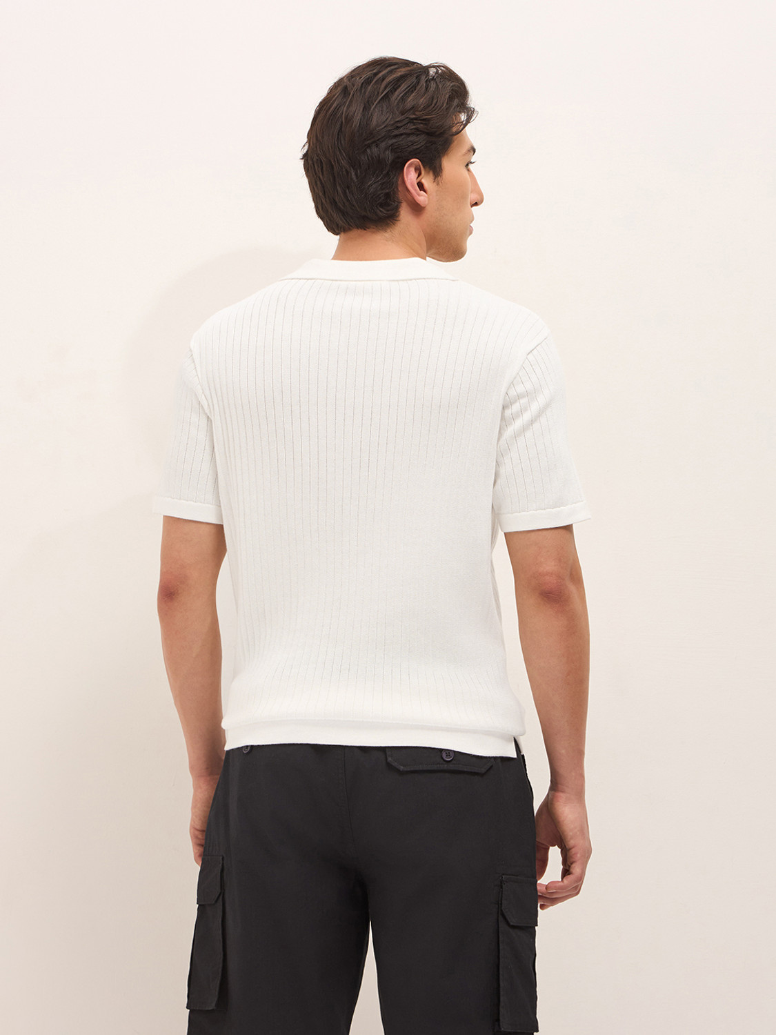 Image of THE BEAR HOUSE Striped Men Polo Neck White T-Shirt