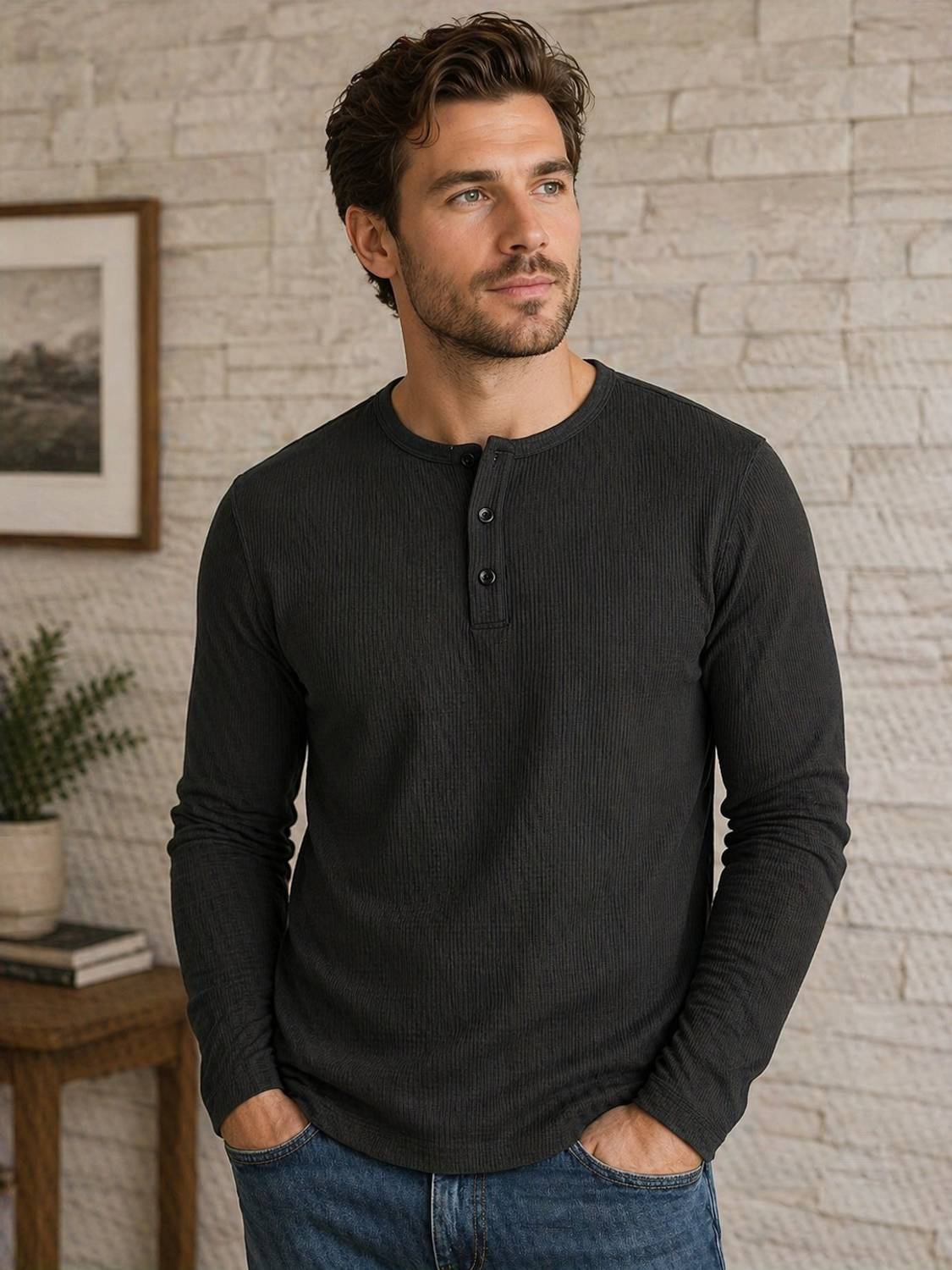 JERKYN Solid Men Henley Neck Black T-Shirt - Image 4
