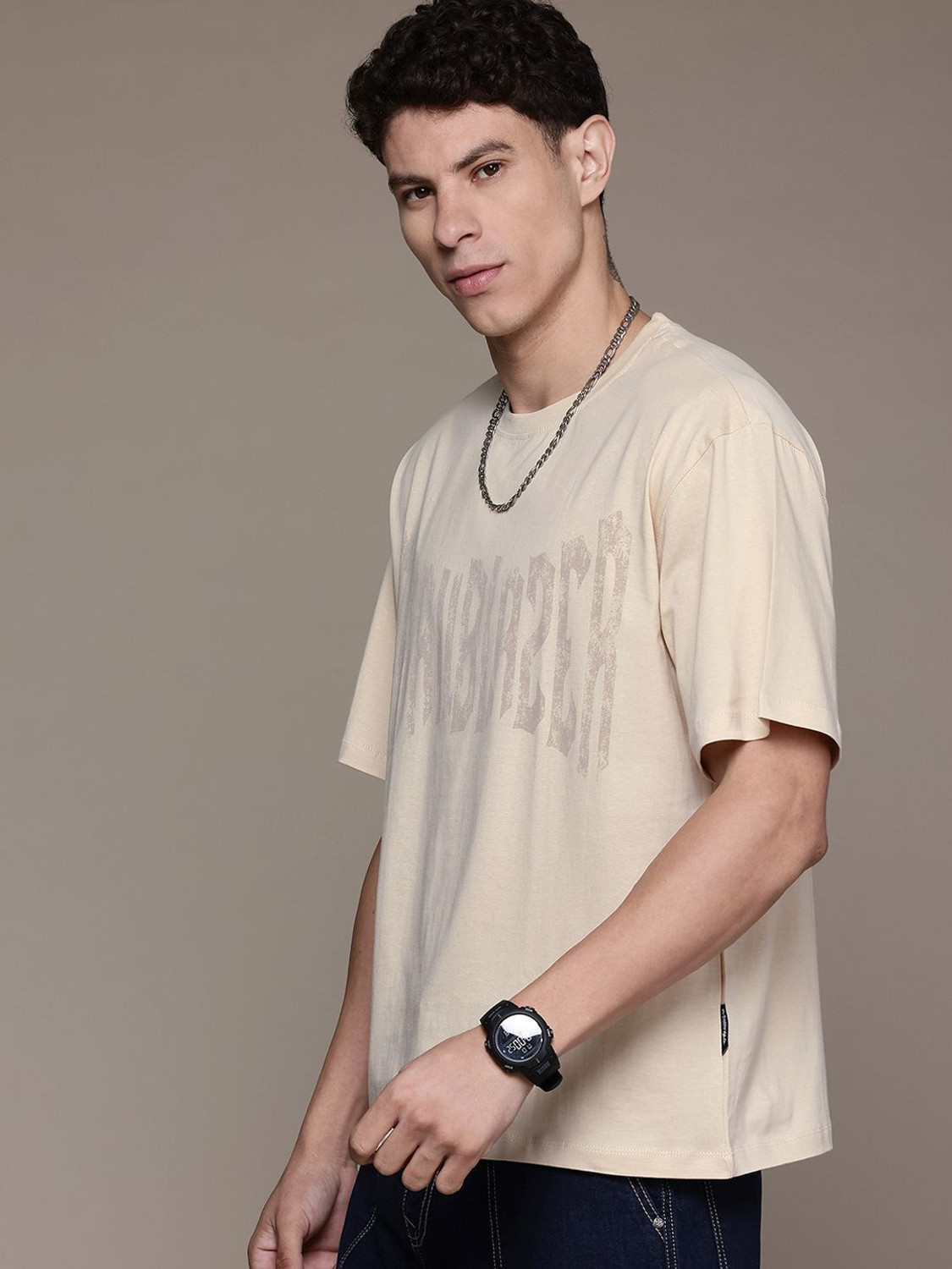 Image of Roadster Printed Men Round Neck Beige T-Shirt