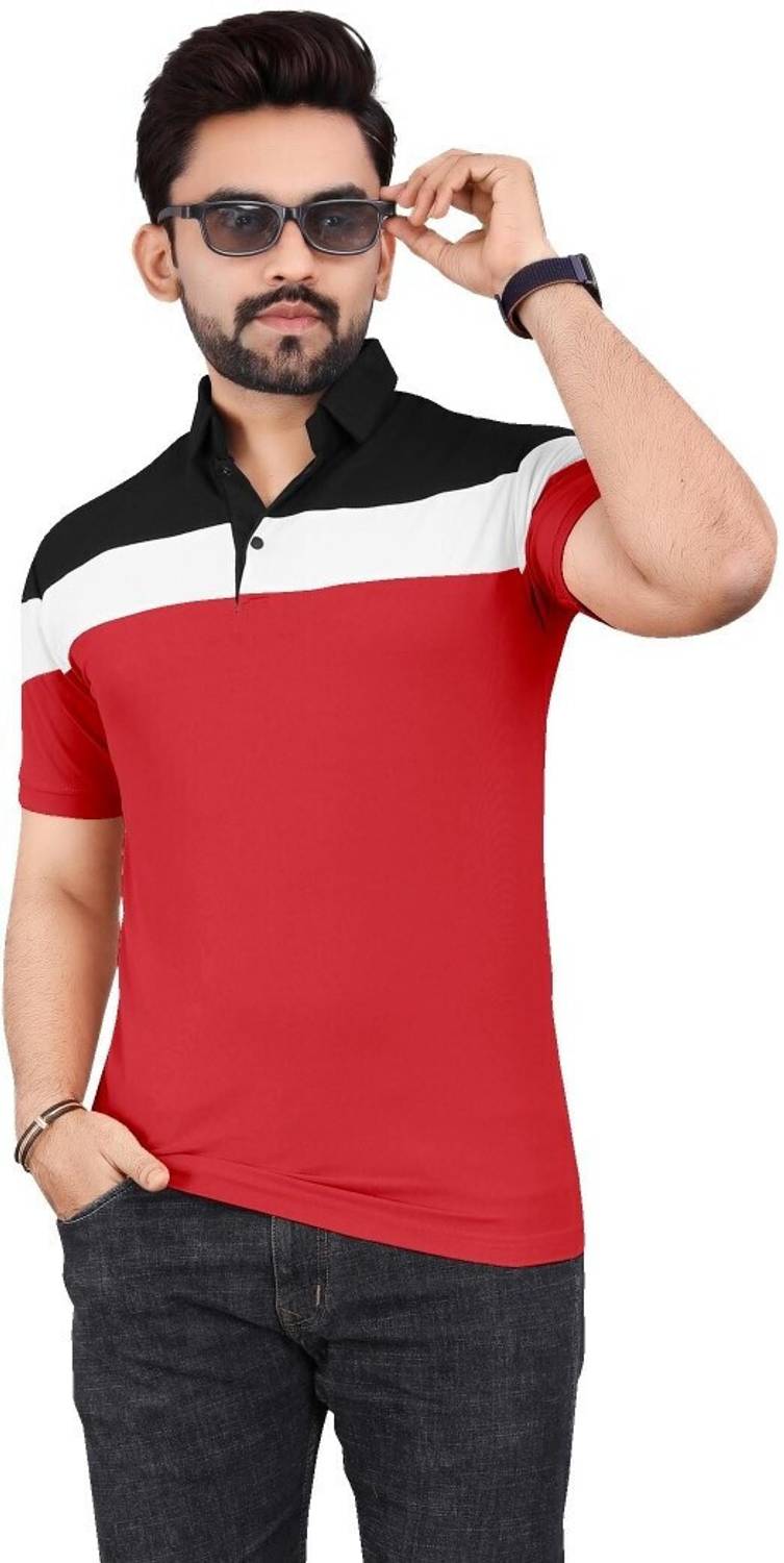 rggarment Men Colorblock Polo Neck Cotton Blend Red T-Shirt