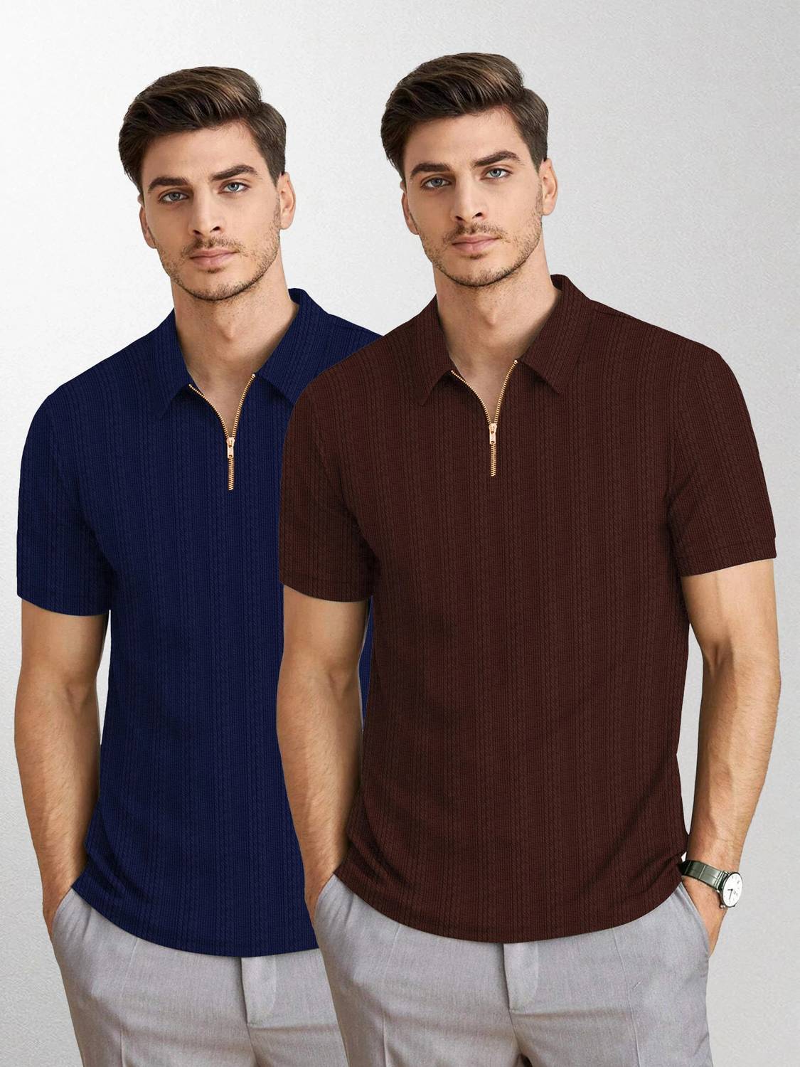 KAJARU Pack of 2 Men Self Design Polo Neck Polyester Brown, Blue