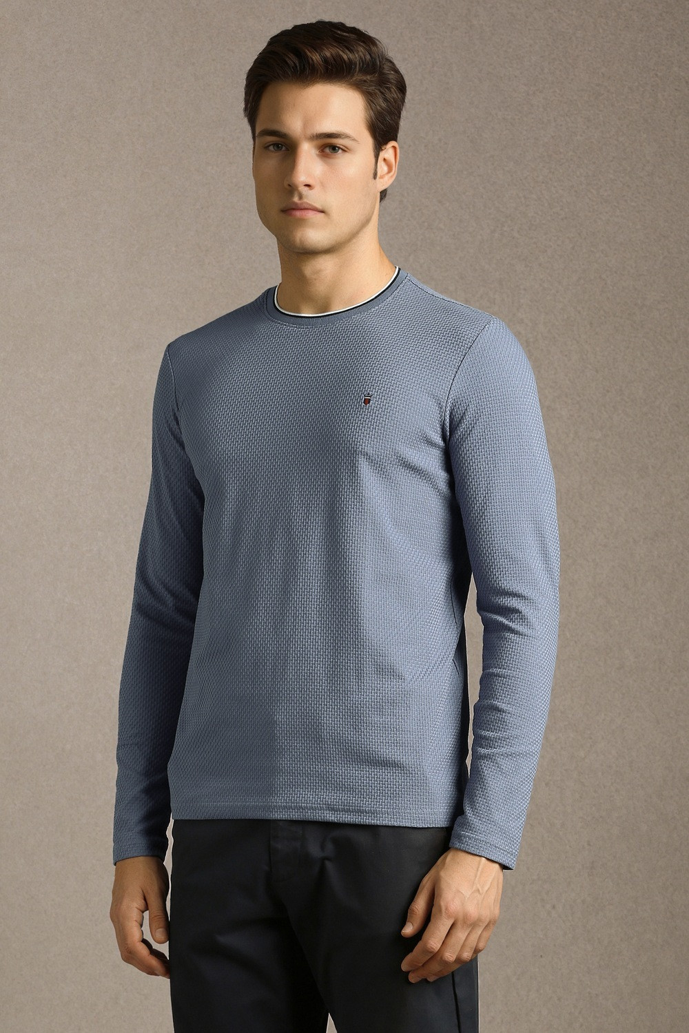 Image of LOUIS PHILIPPE Self Design Men Crew Neck Grey T-Shirt