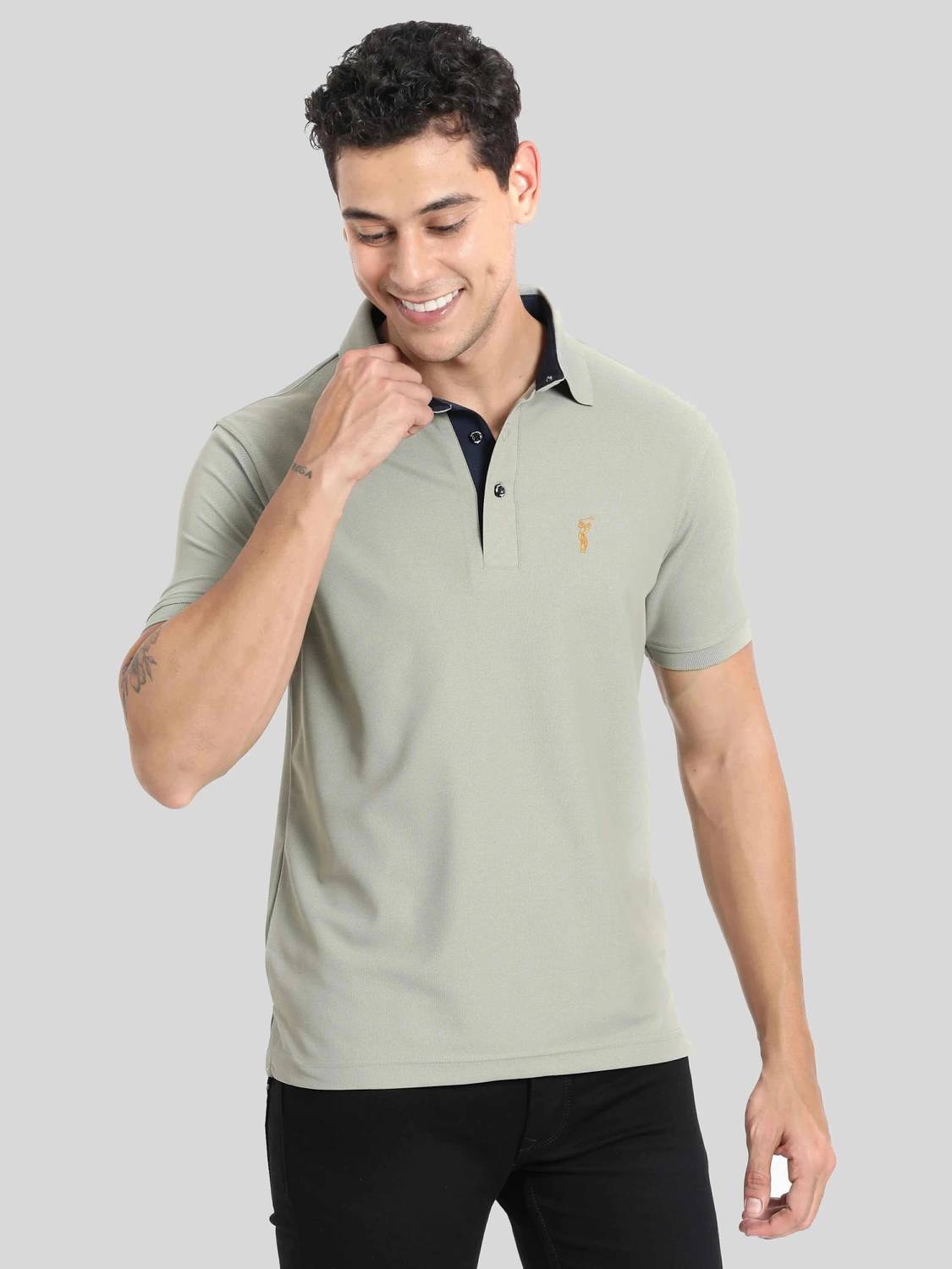 Stellers Men Solid Polo Neck Polyester Grey T-Shirt