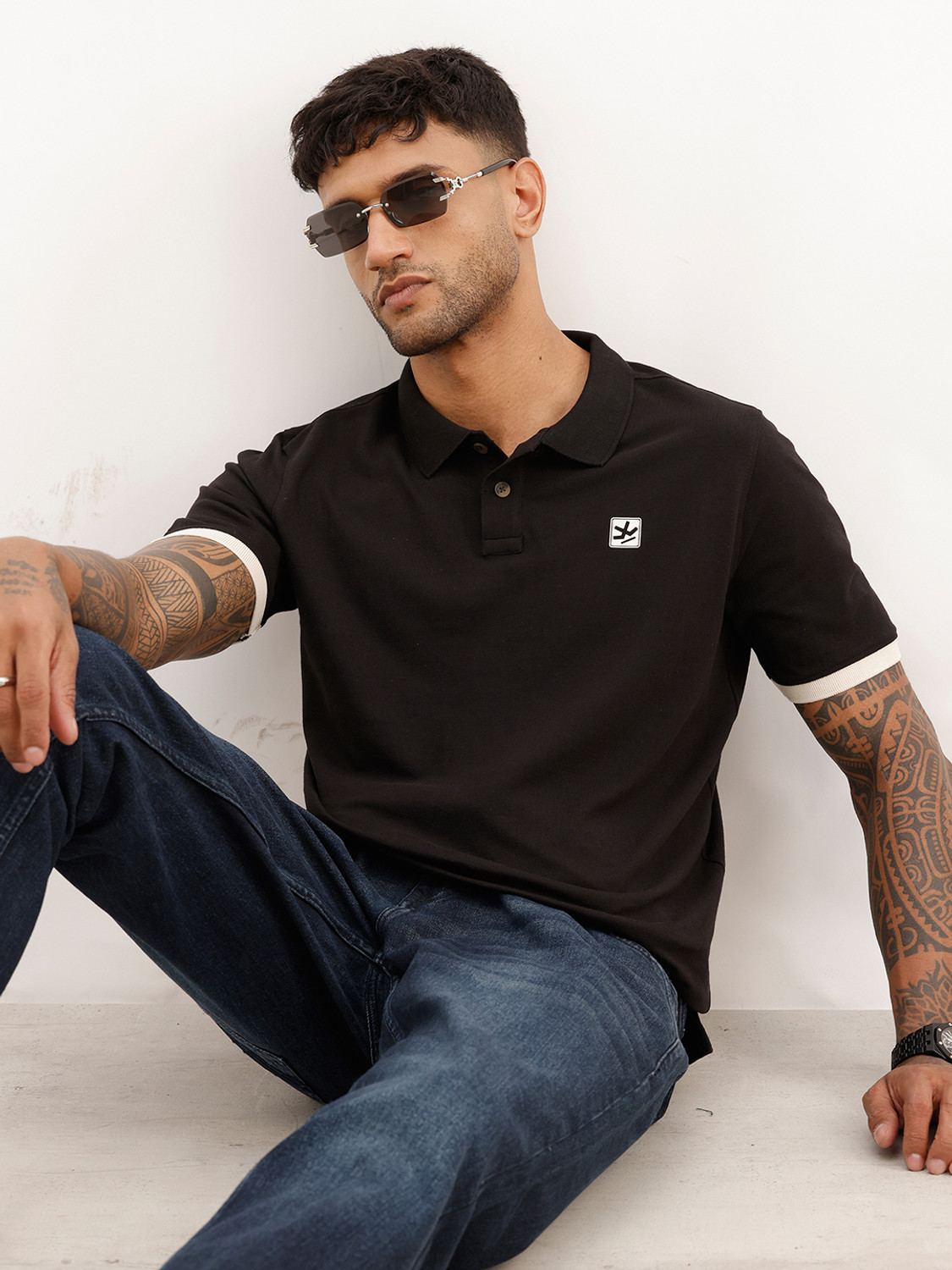 Image of WROGN Printed Men Polo Neck Black T-Shirt