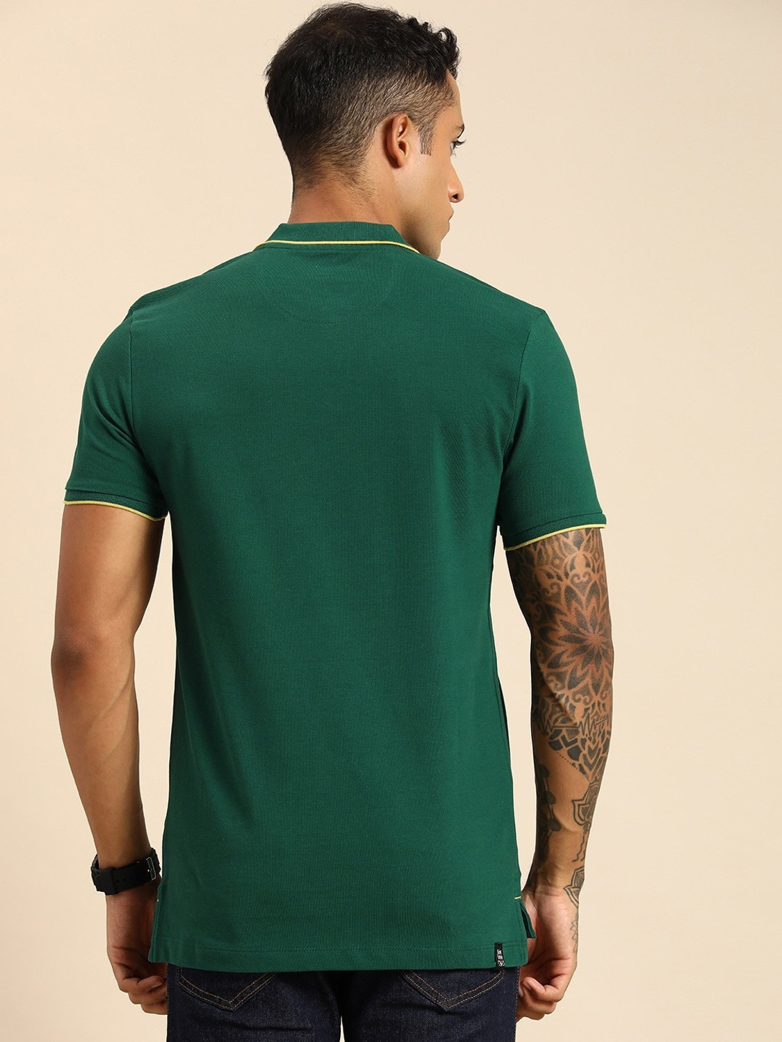 Image of BEING HUMAN Striped Men Polo Neck Green T-Shirt