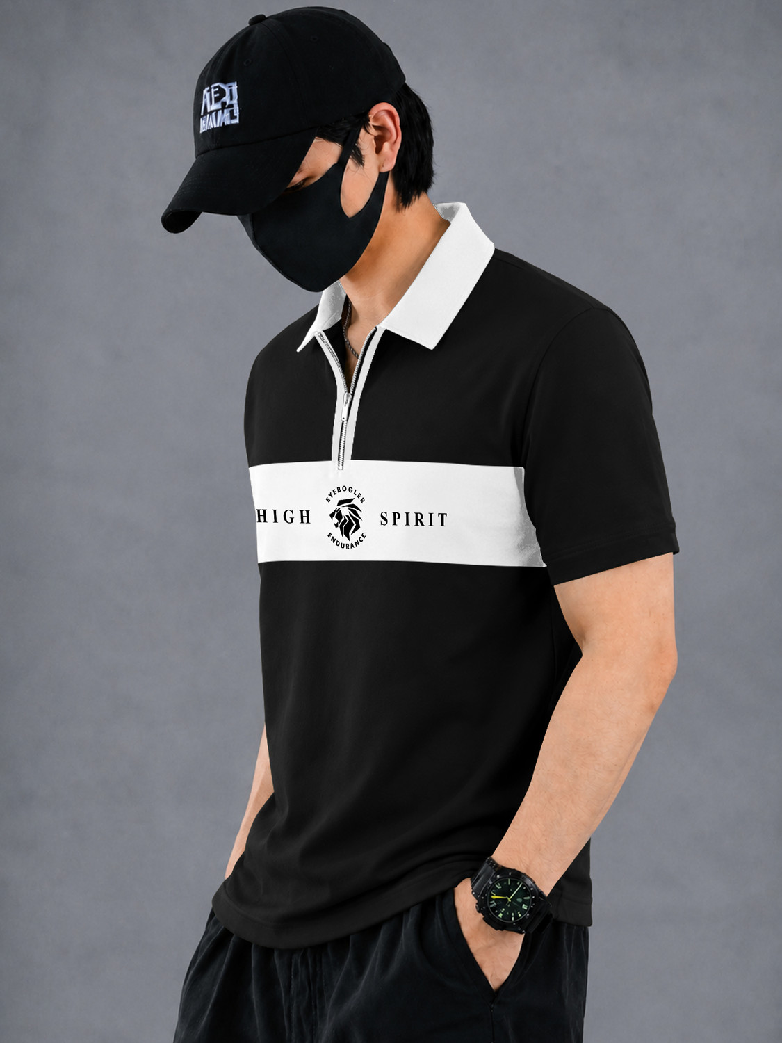 Image of EyeBogler Printed Men Zip Neck Black T-Shirt